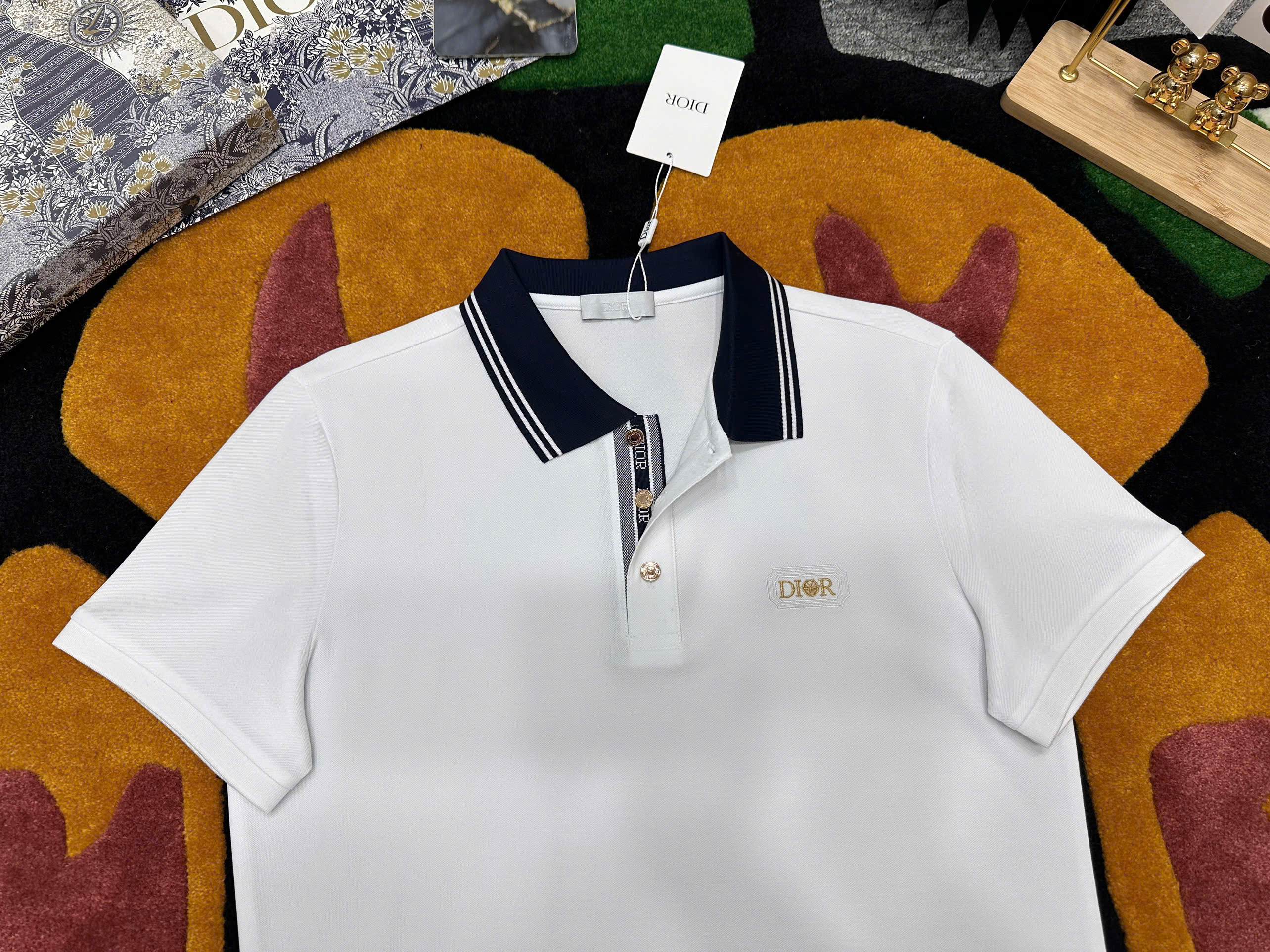 Áo polo Dior CD logo thêu ngực phối màu cổ check khuy Like Auth 1-1 on web MK