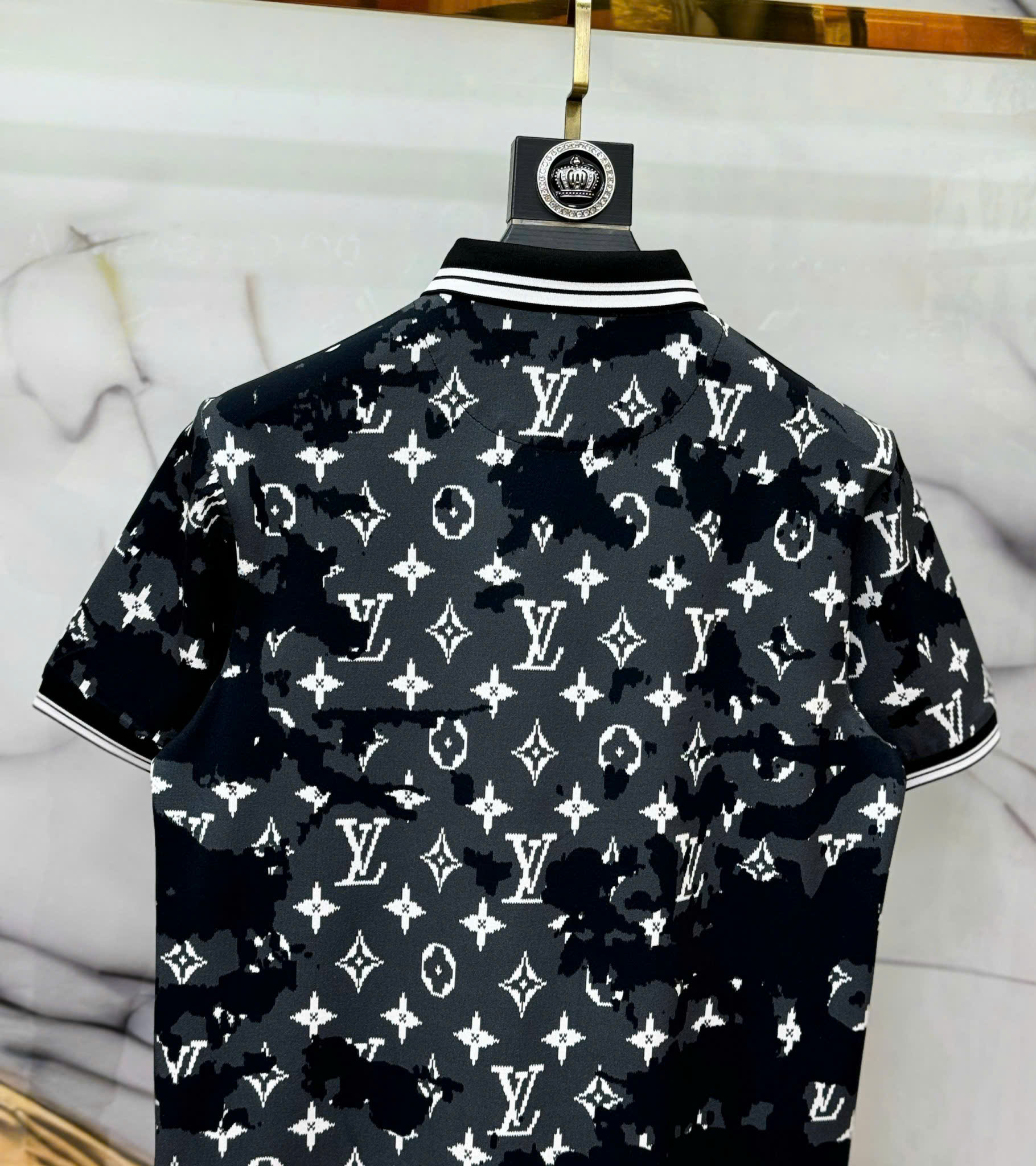Áo polo Louis Vuitton LV Đen loang Xám họa tiết hoa vân logo LV Trắng Like Auth 1-1 on web CD MK