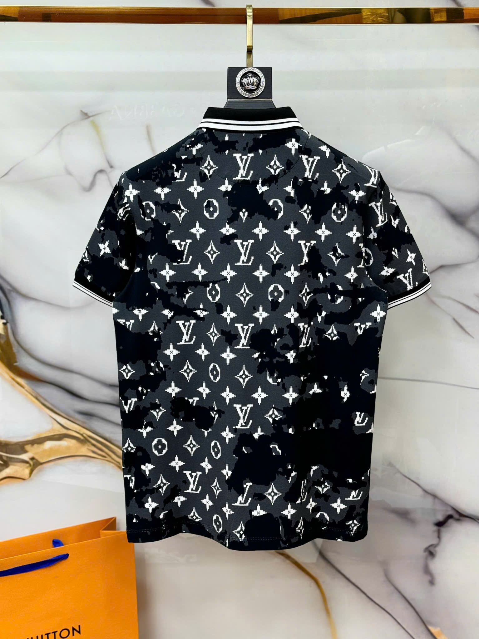 Áo polo Louis Vuitton LV Đen loang Xám họa tiết hoa vân logo LV Trắng Like Auth 1-1 on web CD MK