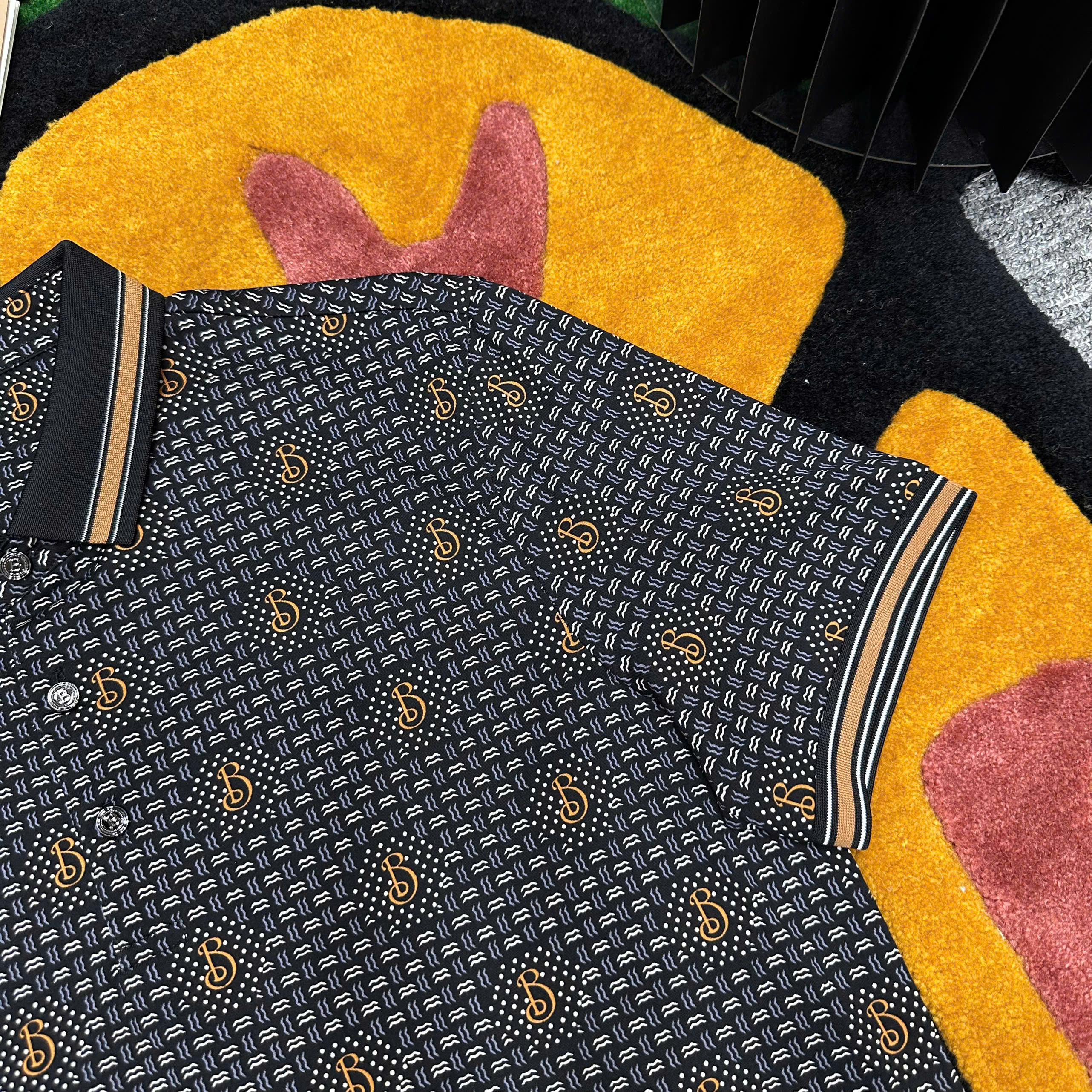 Áo polo Burberry BBR Đen họa tiết logo B full kẻ sọc viền Like Auth 1-1 on web MK