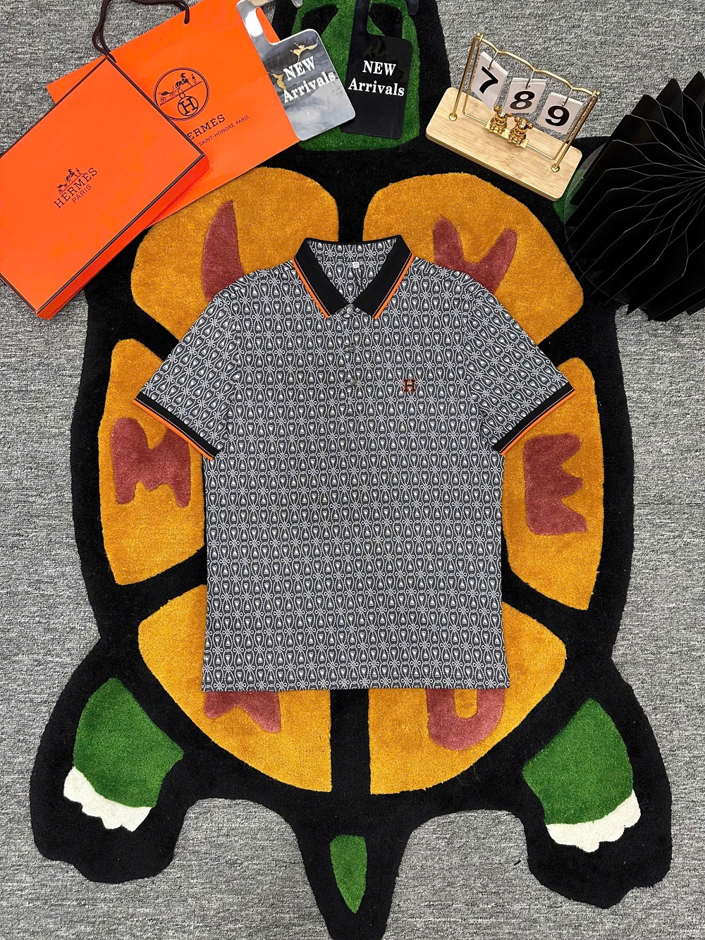 Áo polo Hermes HM họa tiết logo H thêu ngực kẻ viền Cam LA 1-1 on web MK