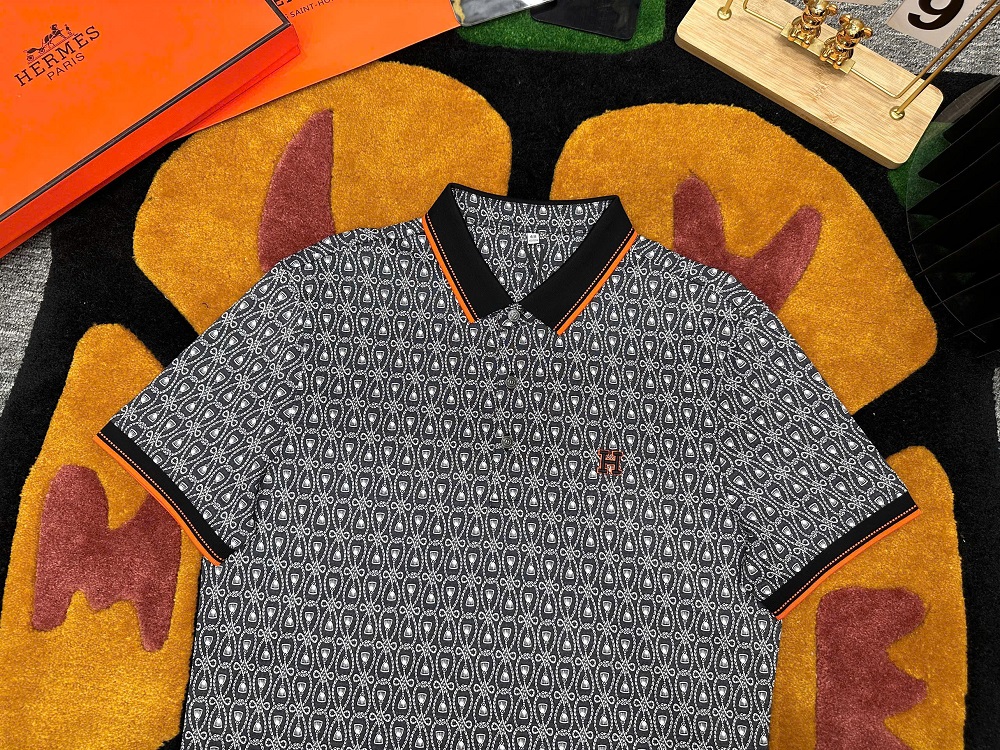 Áo polo Hermes HM họa tiết logo H thêu ngực kẻ viền Cam LA 1-1 on web MK