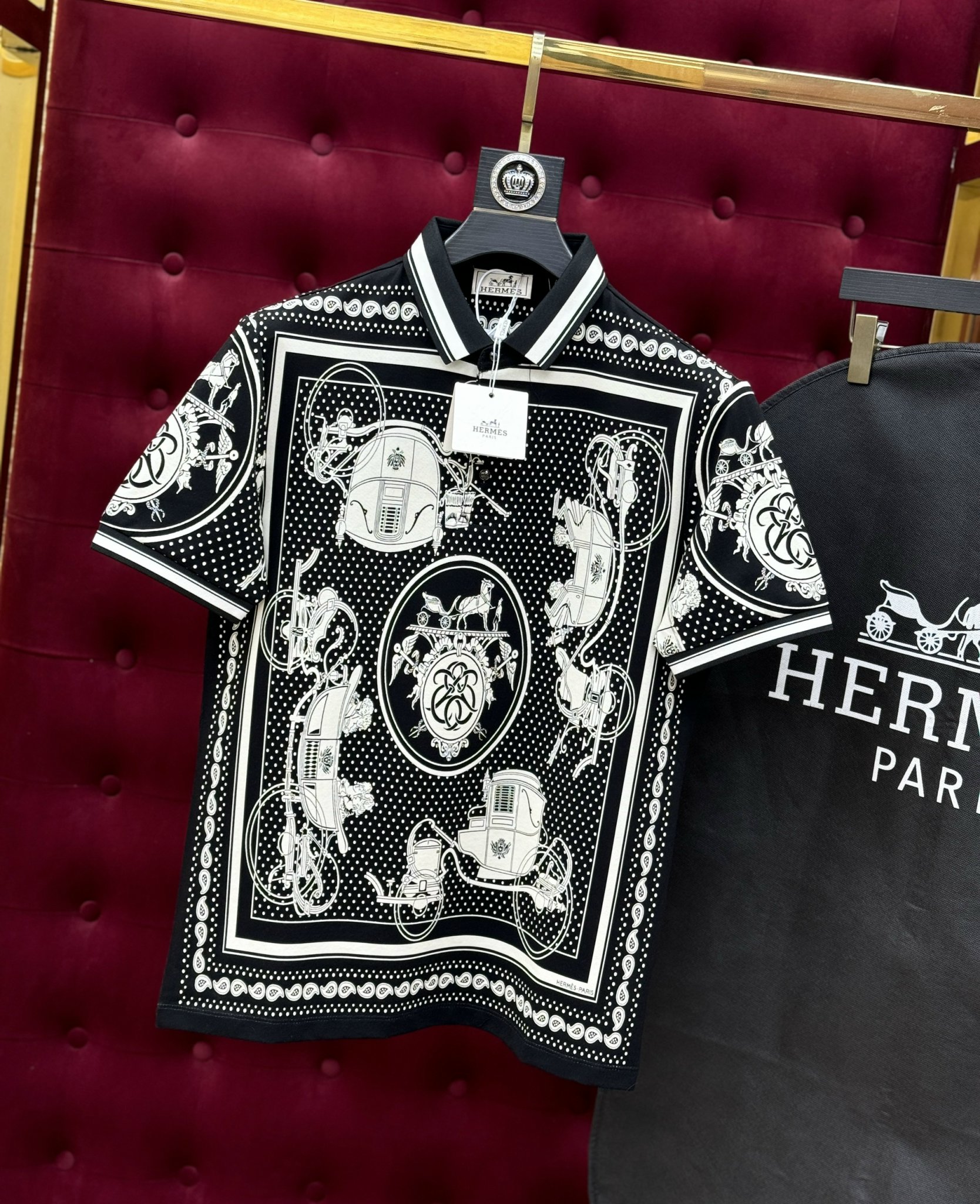Áo polo Hermes HM Đen họa tiết chấm bi Trắng Like Auth 1-1 on web CD