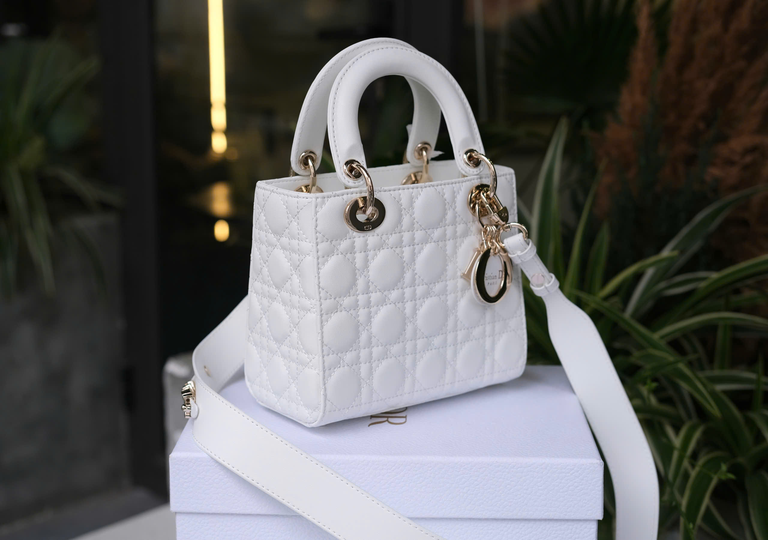 Túi nữ đeo chéo, cầm tay Dior CD Trắng trơn thêu ô size 17x20x9cm Like Auth on web fullbox bill thẻ DDT