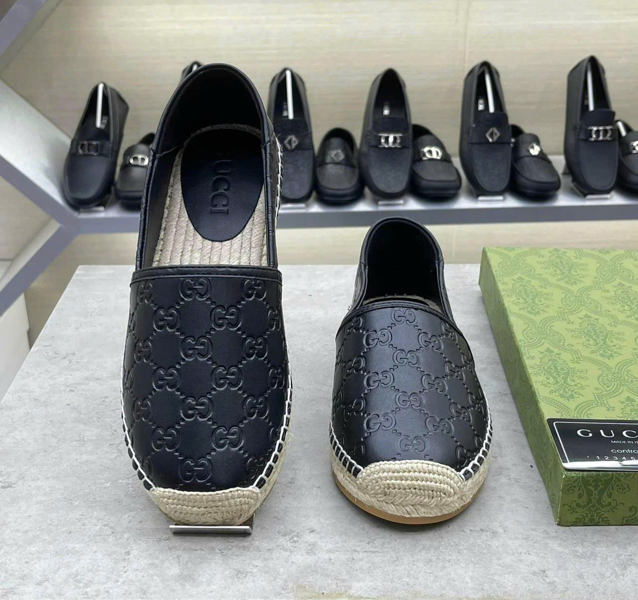 Giày Slipon đế cói Gucci GC Đen họa tiết monogram dập chìm Like Auth Fullbox phụ kiện LK