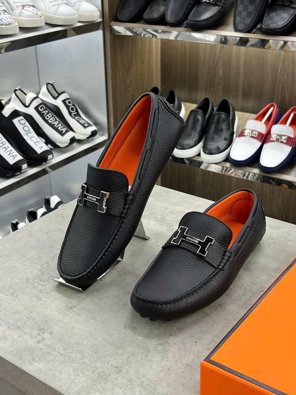 Giày lười moca Hermes HM Đen logo H lót Cam Like Auth 1-1 on web fullbox LK
