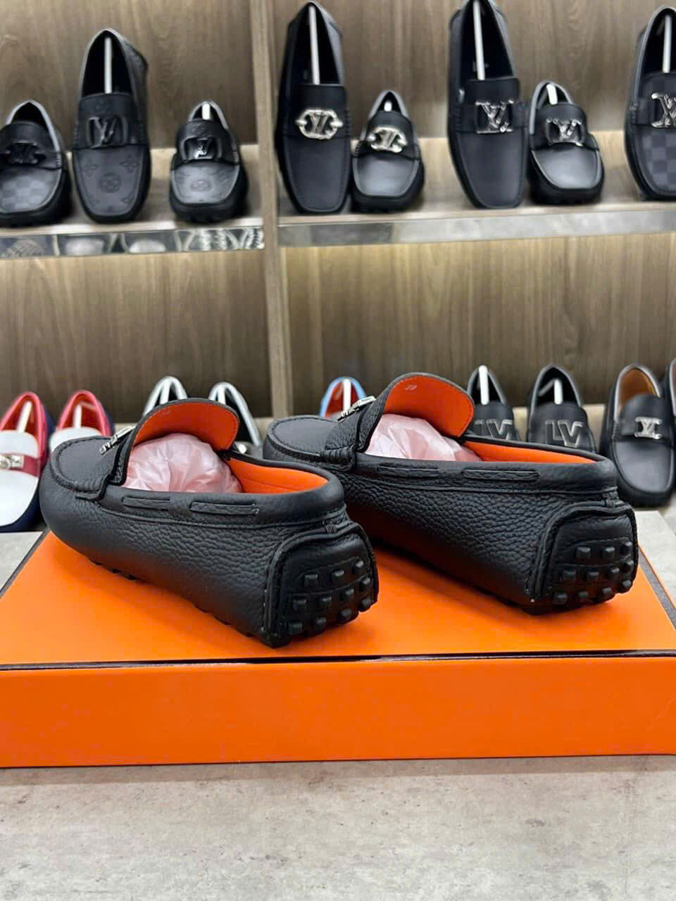 Giày lười moca Hermes HM Đen logo H lót Cam Like Auth 1-1 on web fullbox LK
