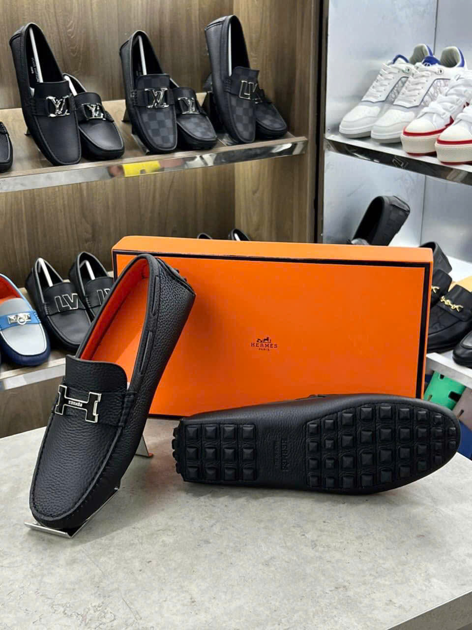 Giày lười moca Hermes HM Đen logo H lót Cam Like Auth 1-1 on web fullbox LK