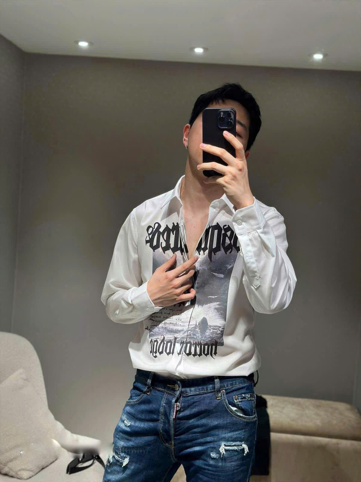 Áo sơ mi dài tay Dsquared2 DSQ2 Trắng họa tiết logo chữ ngực Like Auth on web CD