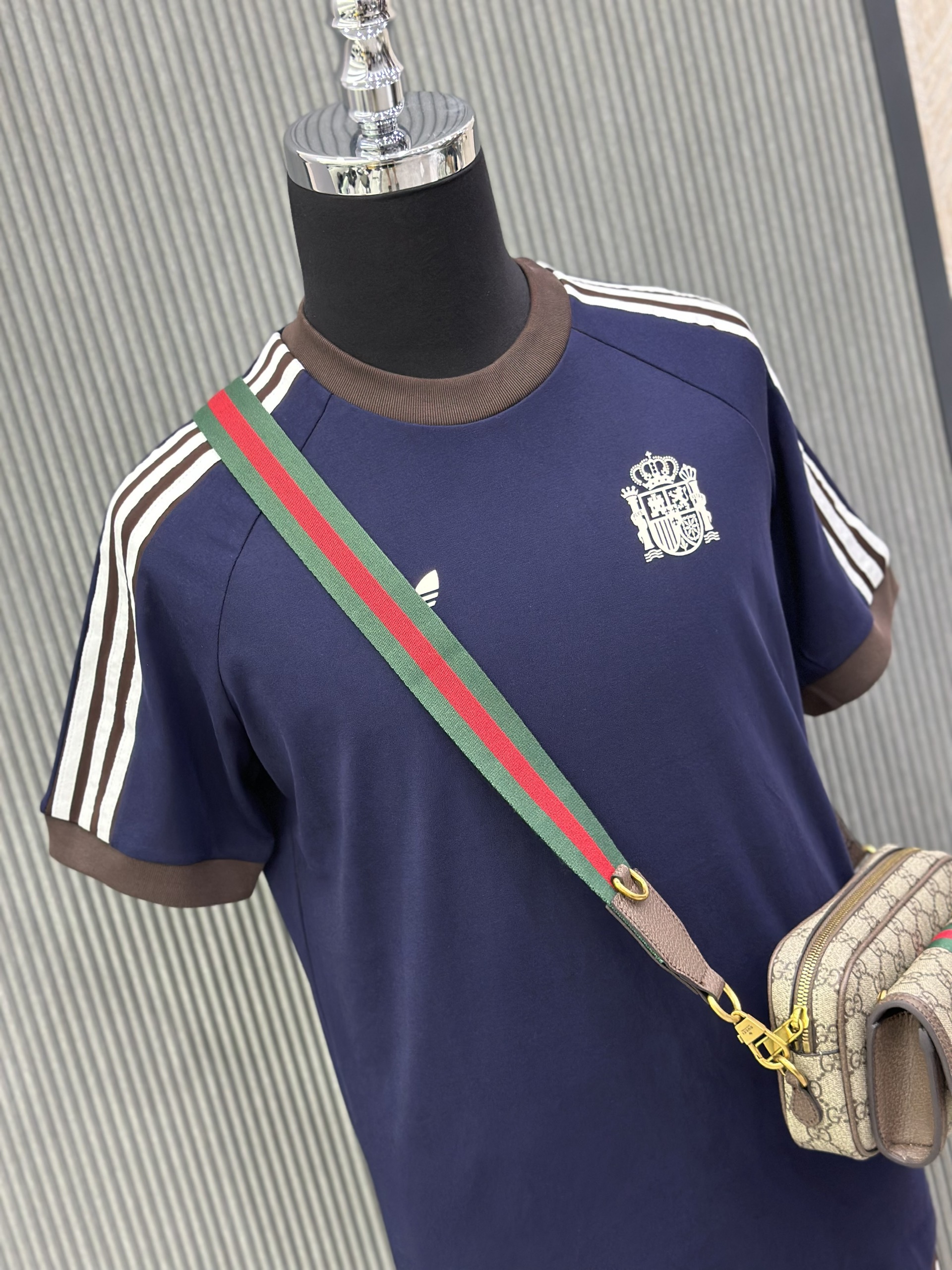 Bộ, Set hè Adidas A Xanh than phối Nâu kẻ sọc viền Trắng Like Auth on web VTN