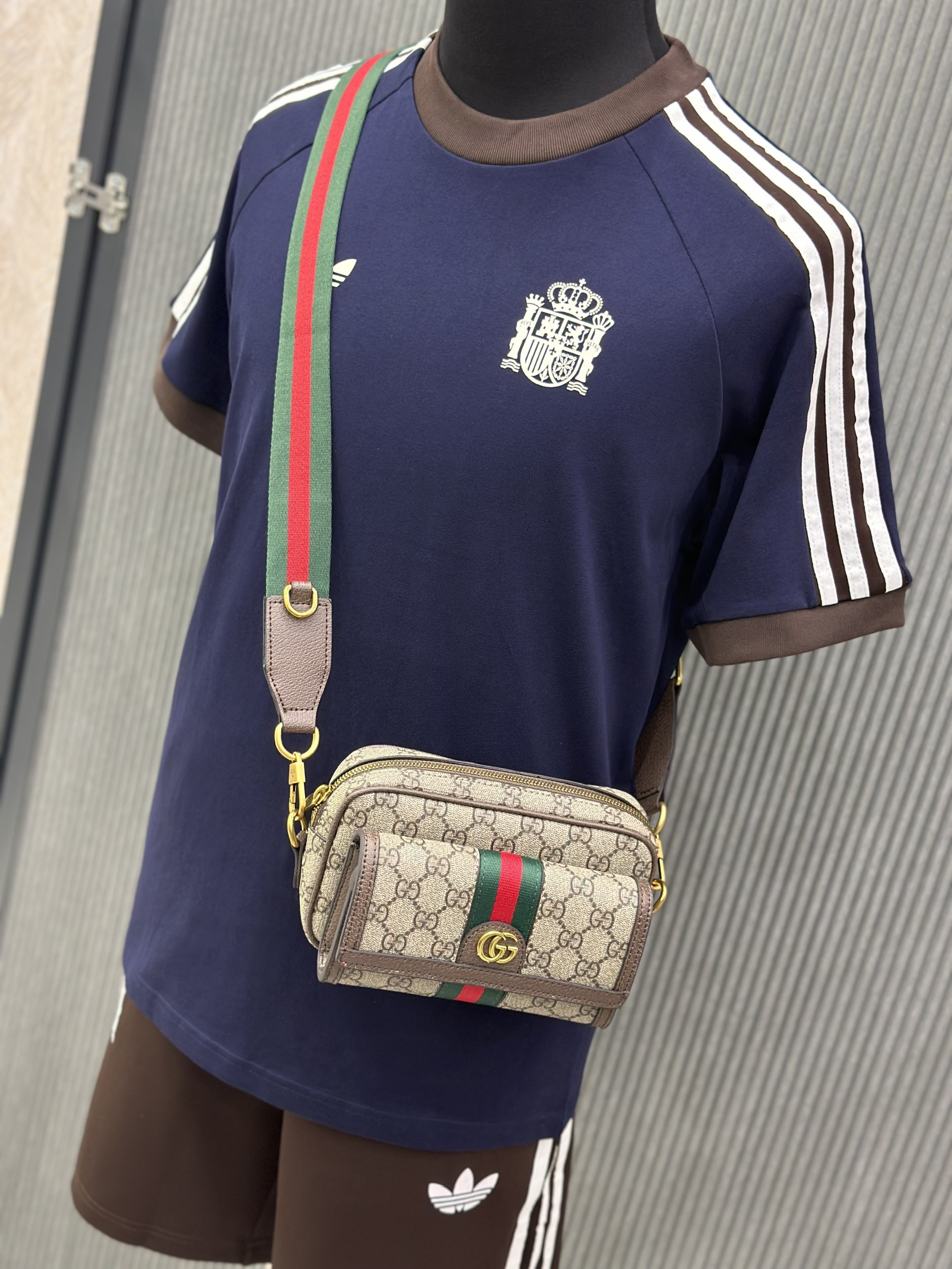 Bộ, Set hè Adidas A Xanh than phối Nâu kẻ sọc viền Trắng Like Auth on web VTN