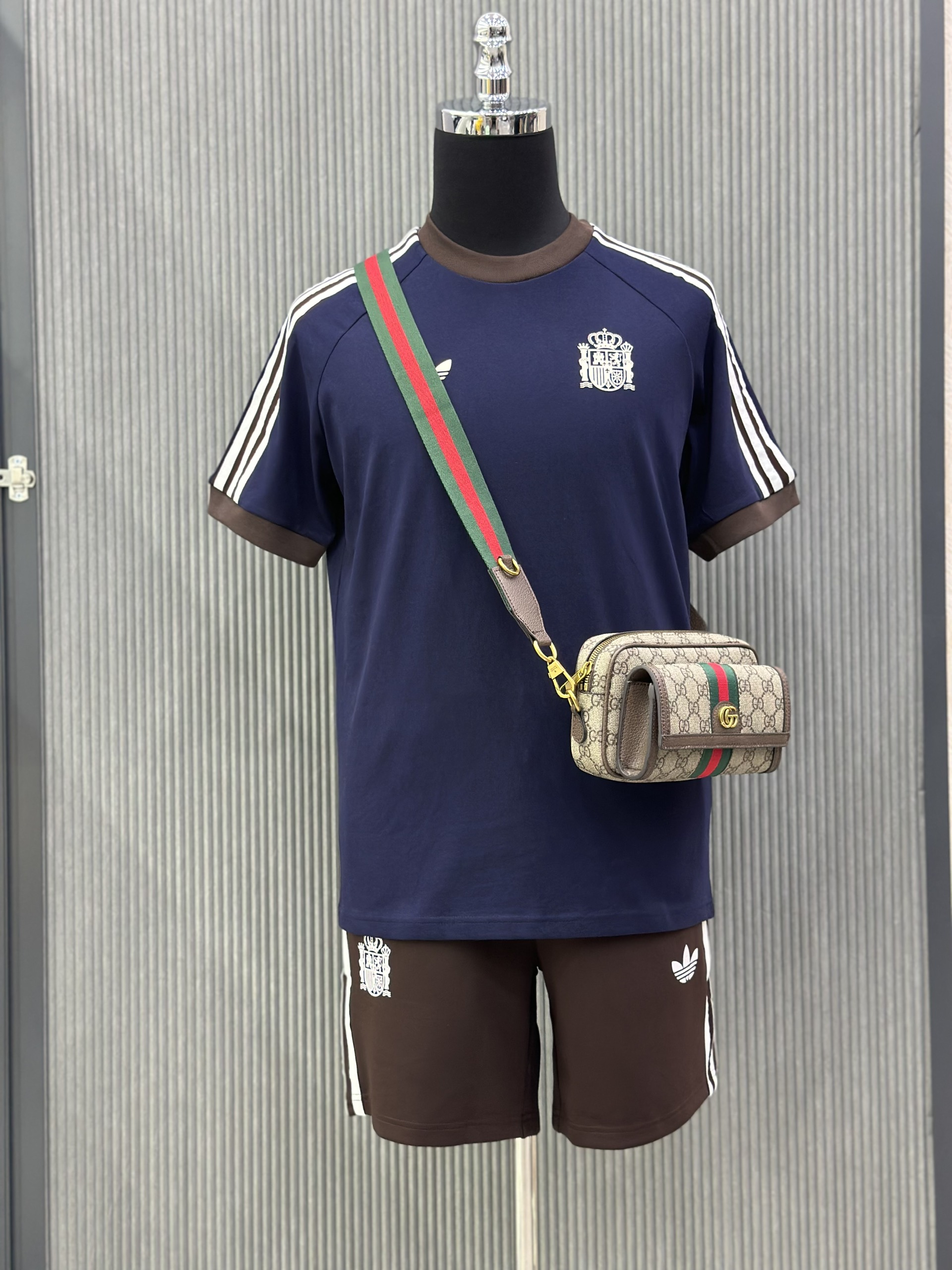 Bộ, Set hè Adidas A Xanh than phối Nâu kẻ sọc viền Trắng Like Auth on web VTN