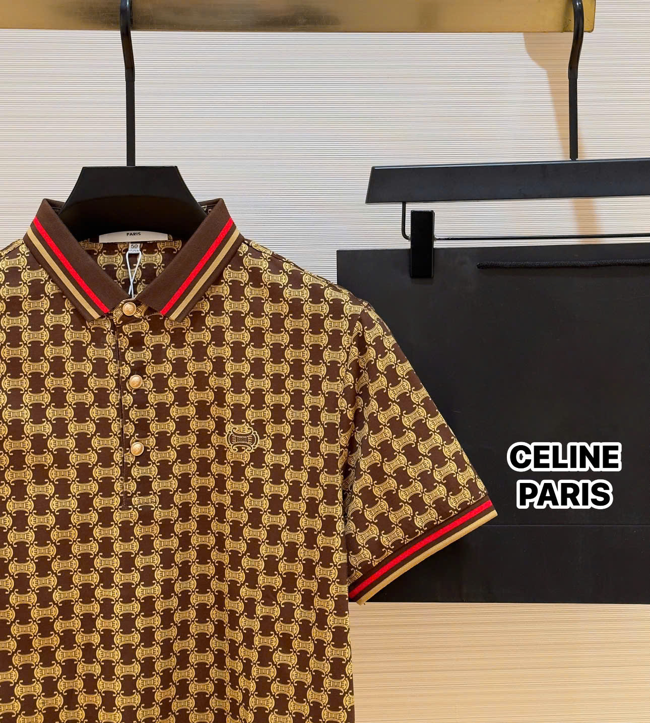 Áo polo Celine Nâu họa tiết logo full kẻ sọc viền Like Auth 1-1 on web DDT