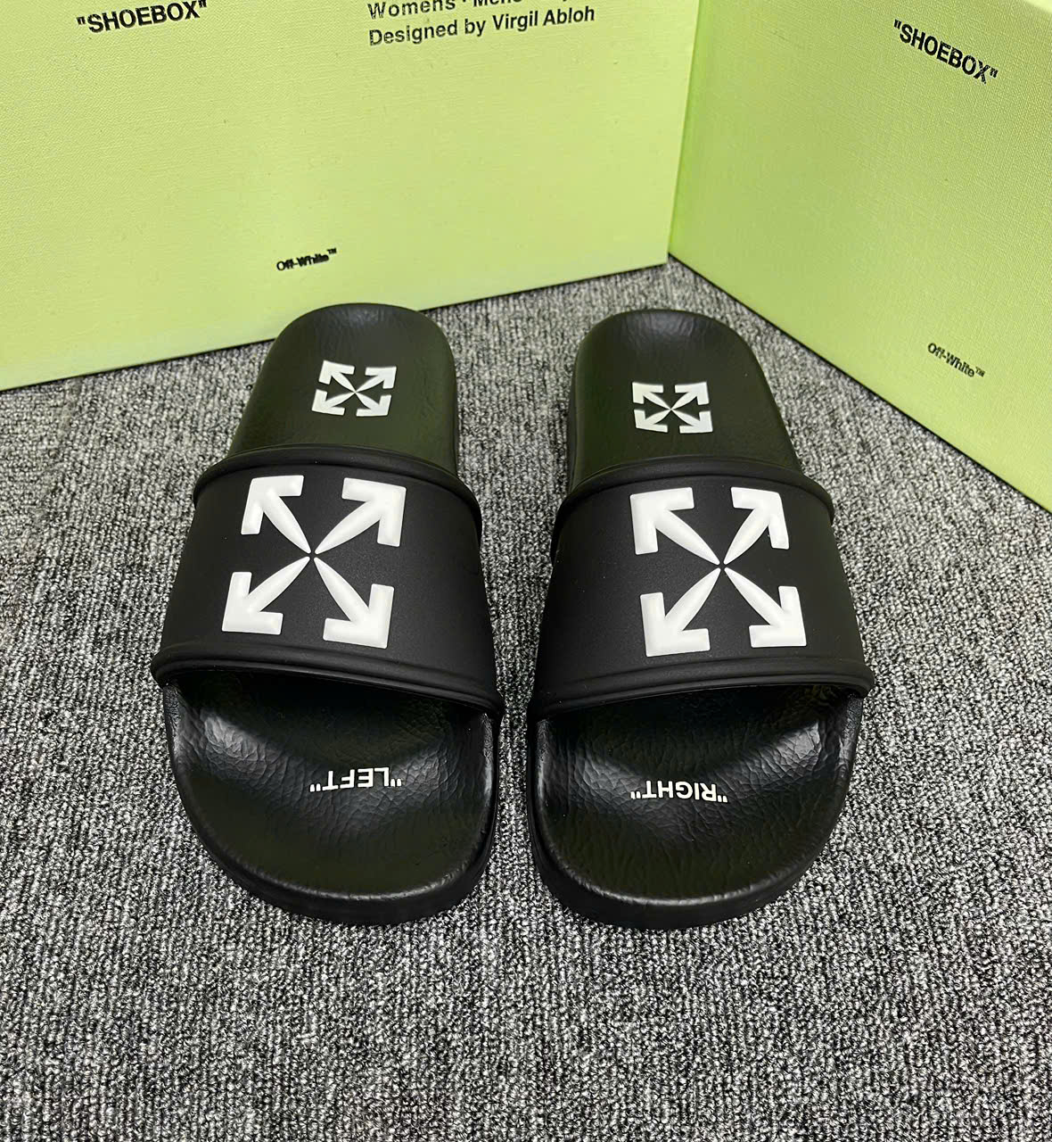 Dép lê quai ngang Off White Đen logo Trắng Like Auth on web fullbox bill thẻ LK