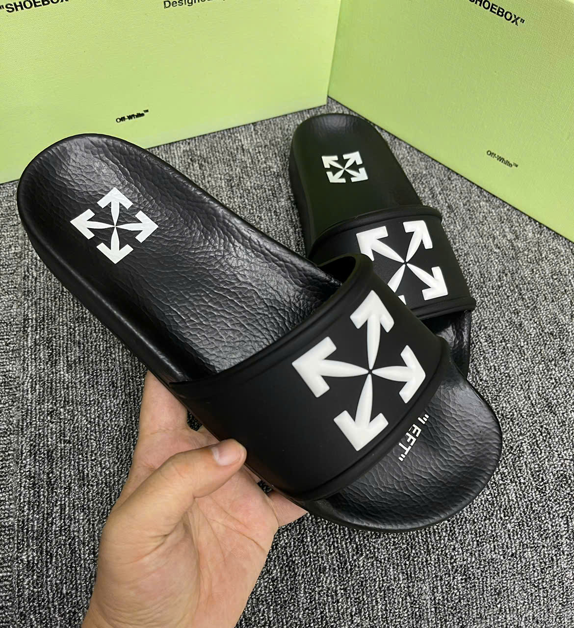 Dép lê quai ngang Off White Đen logo Trắng Like Auth on web fullbox bill thẻ LK