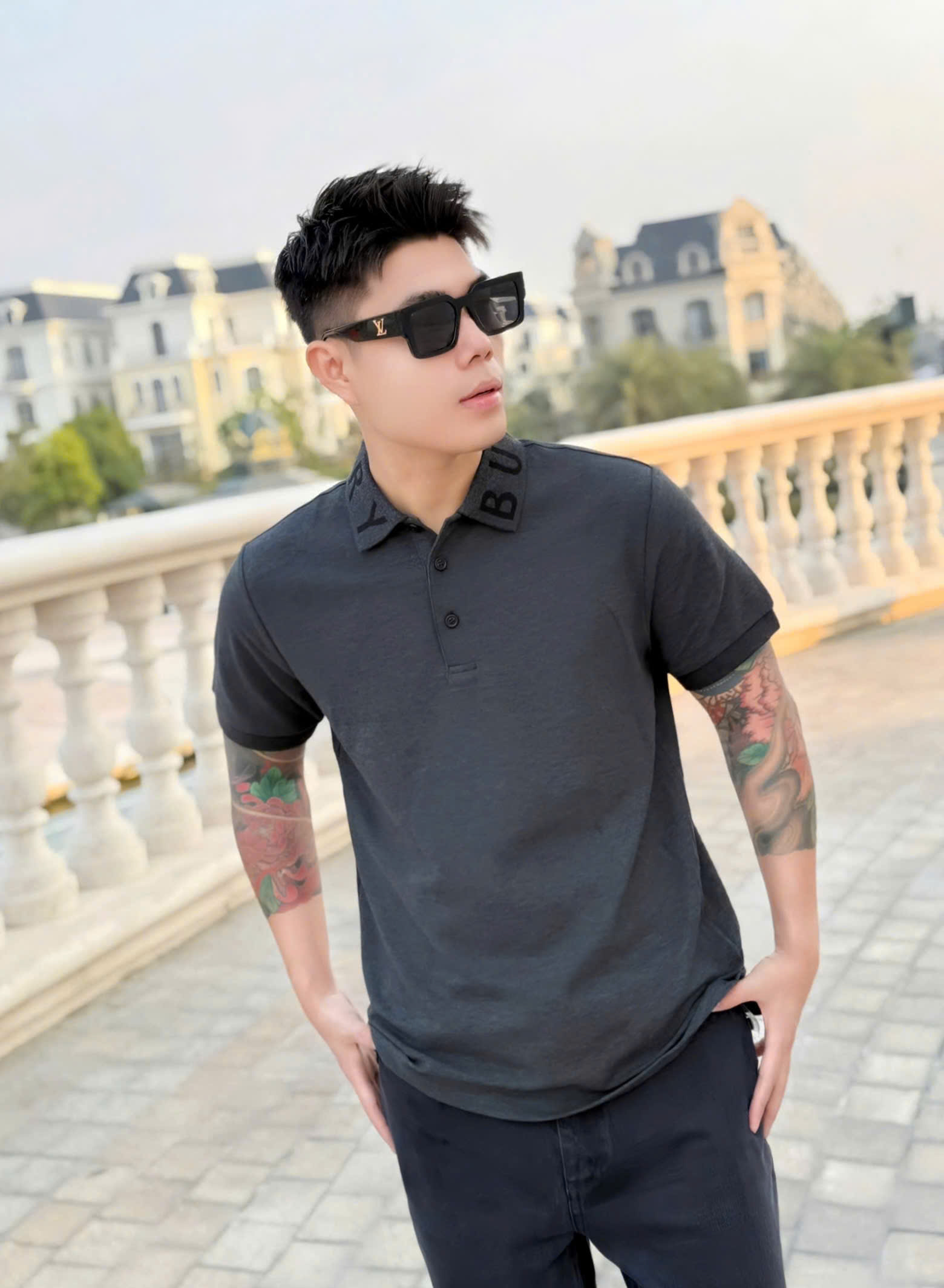 Áo polo Burberry BBR Xám logo chữ cổ Like Auth 1-1 on web VTN