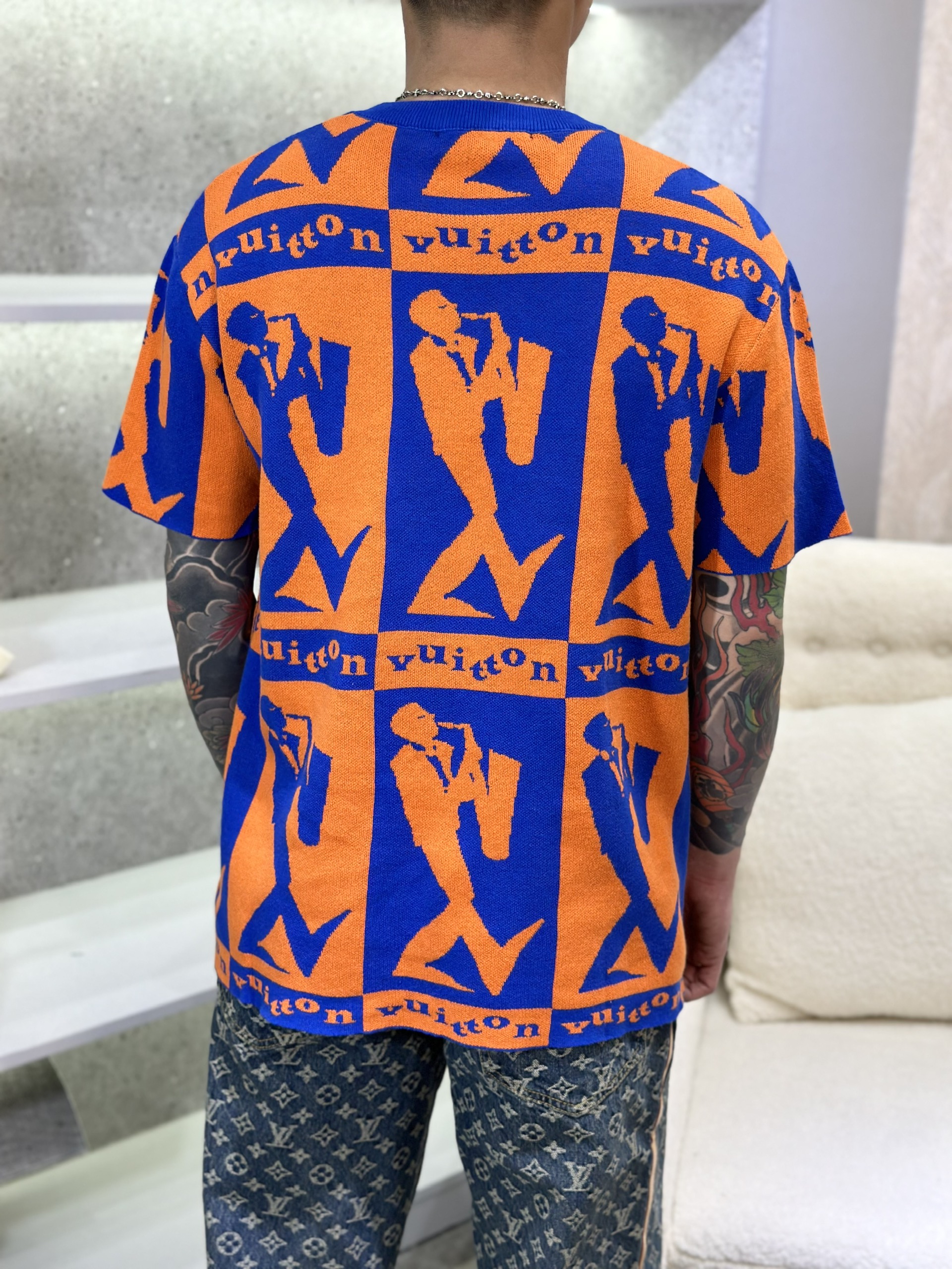 Áo phông T-shirt len Louis Vuitton LV Cam phối Xanh họa tiết người thổi kèn Like Auth on web VTN