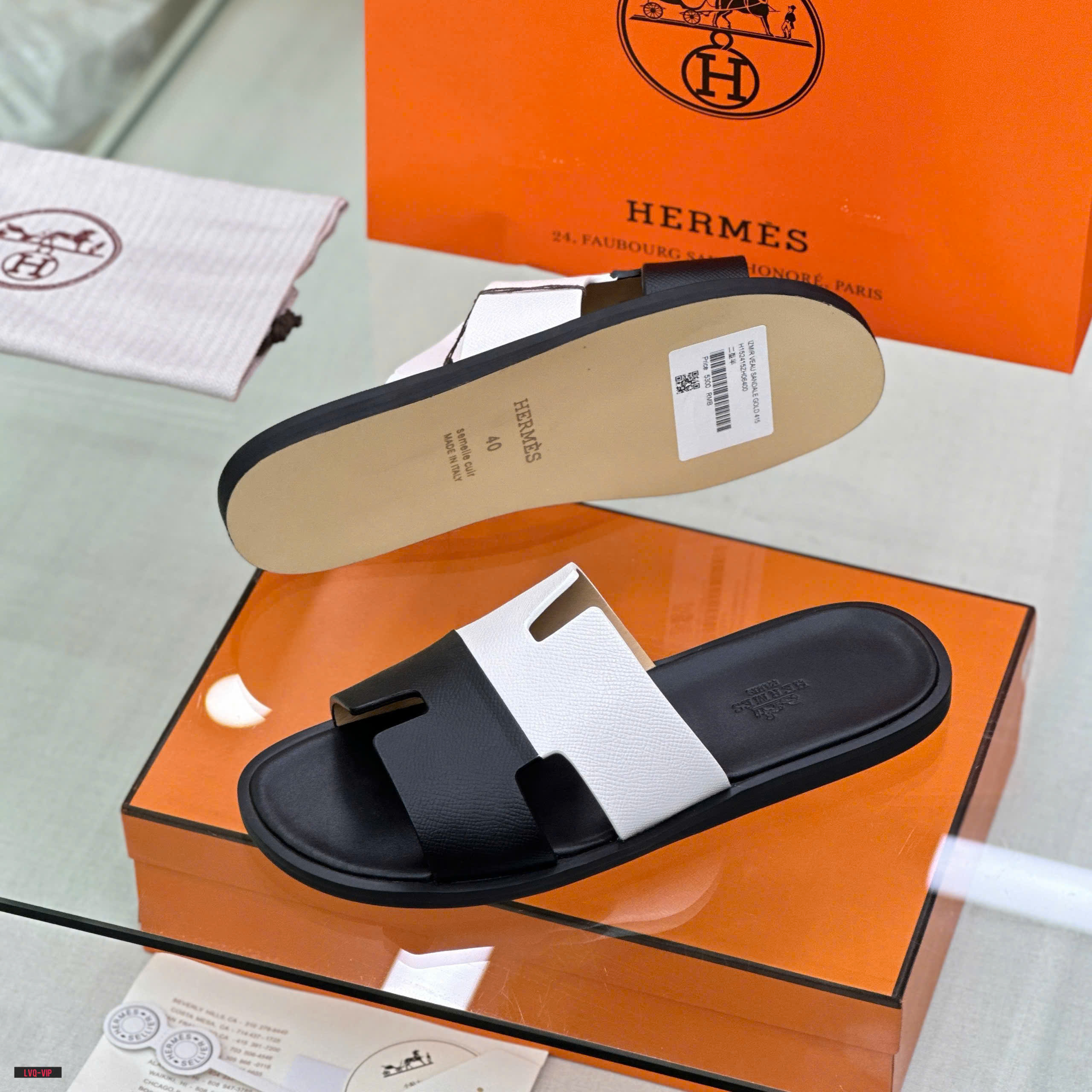 Dép lê quai ngang Hermes HM Đen phối Trắng trơn Like Auth on web fullbox bill thẻ LVQ