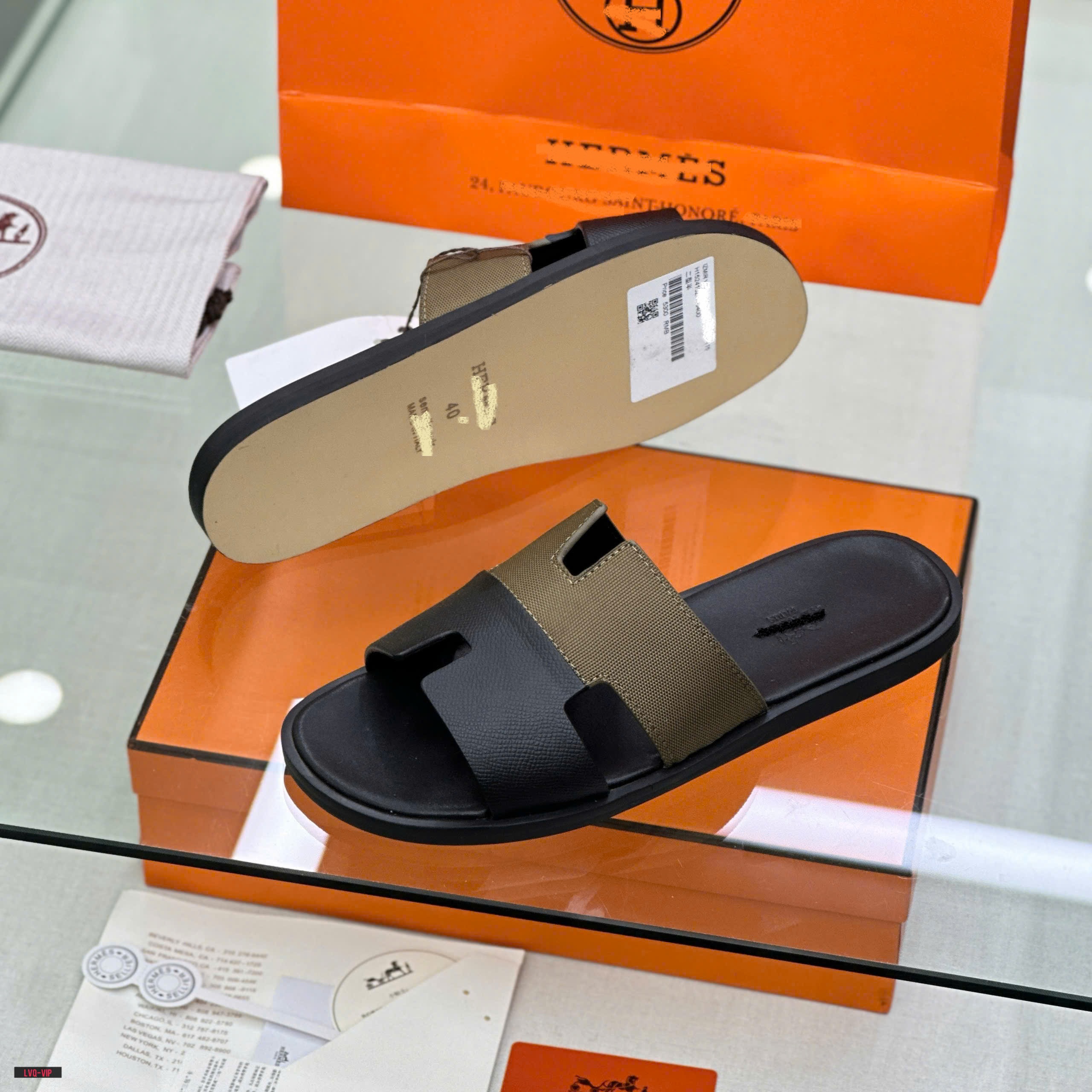 Dép lê quai ngang Hermes HM Đen phối Nâu trơn Like Auth on web fullbox bill thẻ LVQ