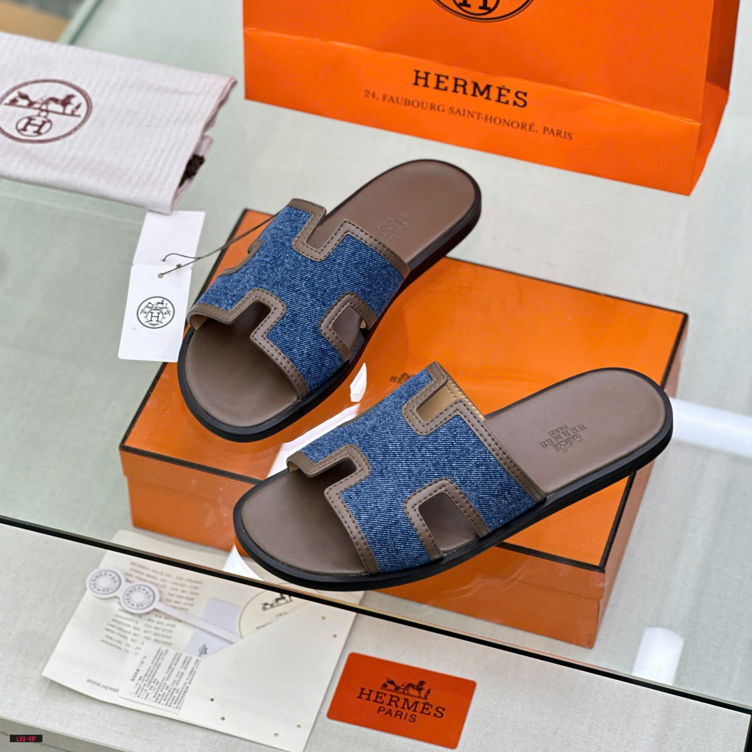 Dép lê quai ngang Hermes HM Xanh jean phối viền Nâu da Like Auth on web fullbox bill thẻ LVQ