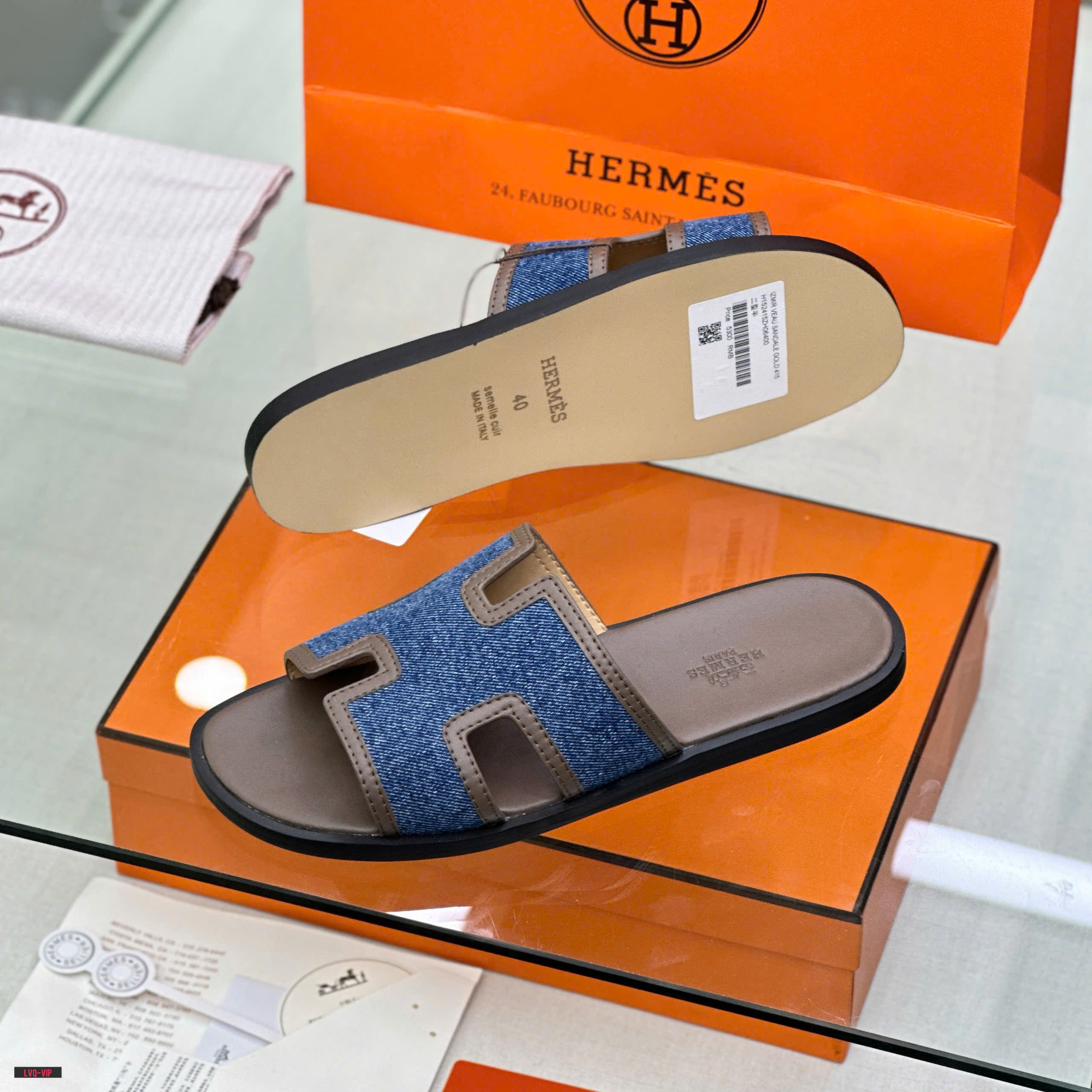 Dép lê quai ngang Hermes HM Xanh jean phối viền Nâu da Like Auth on web fullbox bill thẻ LVQ