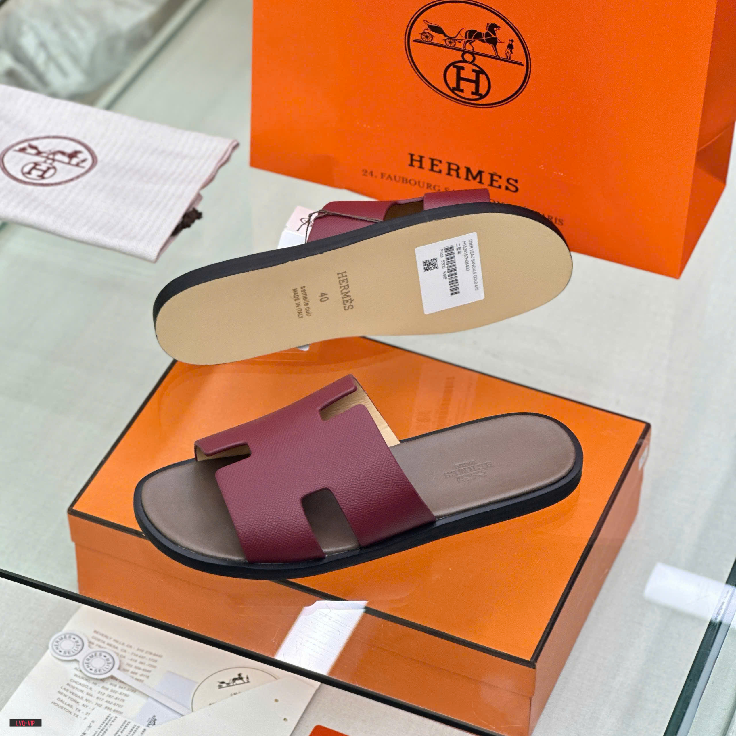 Dép lê quai ngang Hermes HM Đỏ trơn đế Nâu Like Auth on web fullbox bill thẻ LVQ