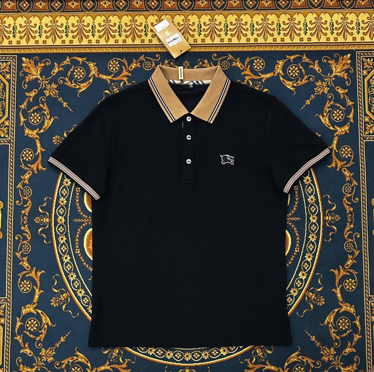 Áo polo Burberry BBR logo thêu ngực phối cổ Nâu Like Auth 1-1 on web LK