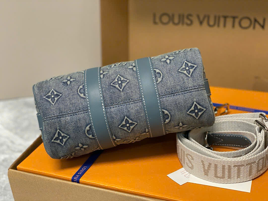 Túi trống mini đeo chéo, cầm tay Louis Vuitton LV Xanh jean họa tiết hoa vân logo loang Like Auth on web fullbox bill thẻ PLD