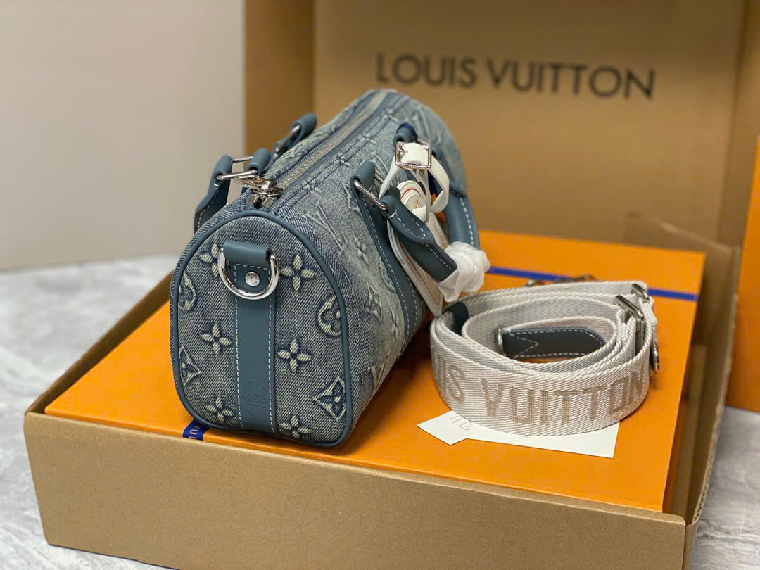 Túi trống mini đeo chéo, cầm tay Louis Vuitton LV Xanh jean họa tiết hoa vân logo loang Like Auth on web fullbox bill thẻ PLD