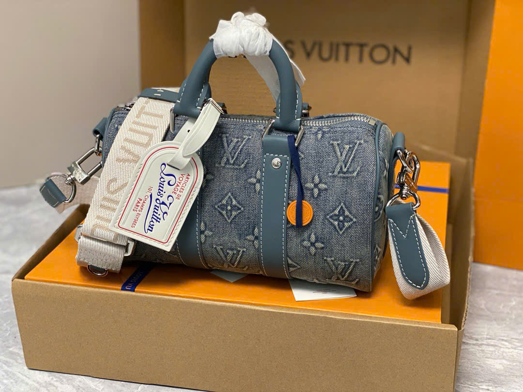 Túi trống mini đeo chéo, cầm tay Louis Vuitton LV Xanh jean họa tiết hoa vân logo loang Like Auth on web fullbox bill thẻ PLD