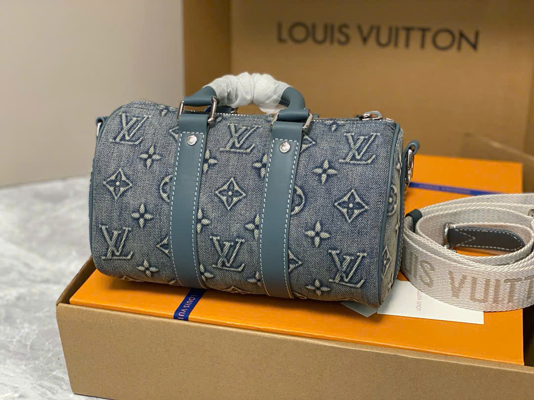 Túi trống mini đeo chéo, cầm tay Louis Vuitton LV Xanh jean họa tiết hoa vân logo loang Like Auth on web fullbox bill thẻ PLD