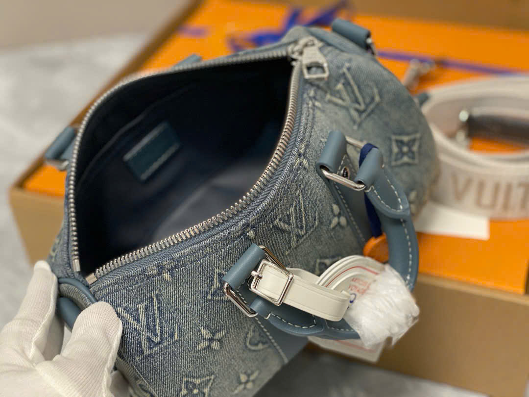 Túi trống mini đeo chéo, cầm tay Louis Vuitton LV Xanh jean họa tiết hoa vân logo loang Like Auth on web fullbox bill thẻ PLD