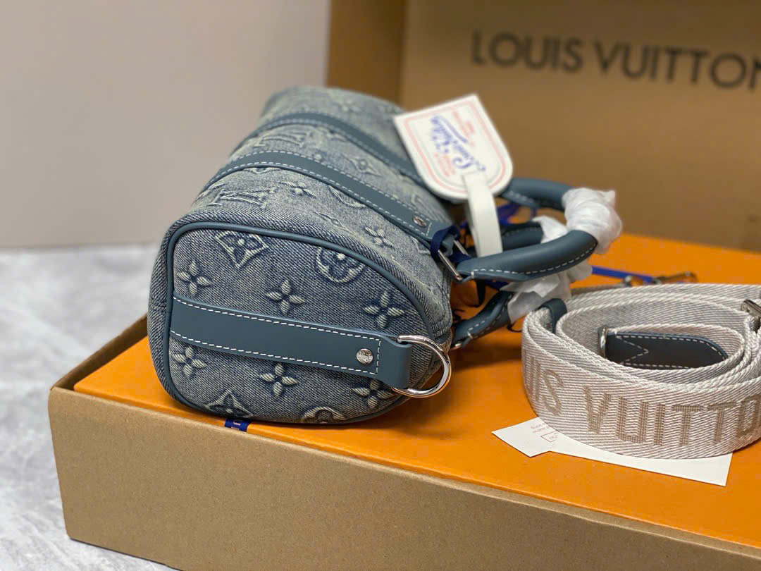 Túi trống mini đeo chéo, cầm tay Louis Vuitton LV Xanh jean họa tiết hoa vân logo loang Like Auth on web fullbox bill thẻ PLD