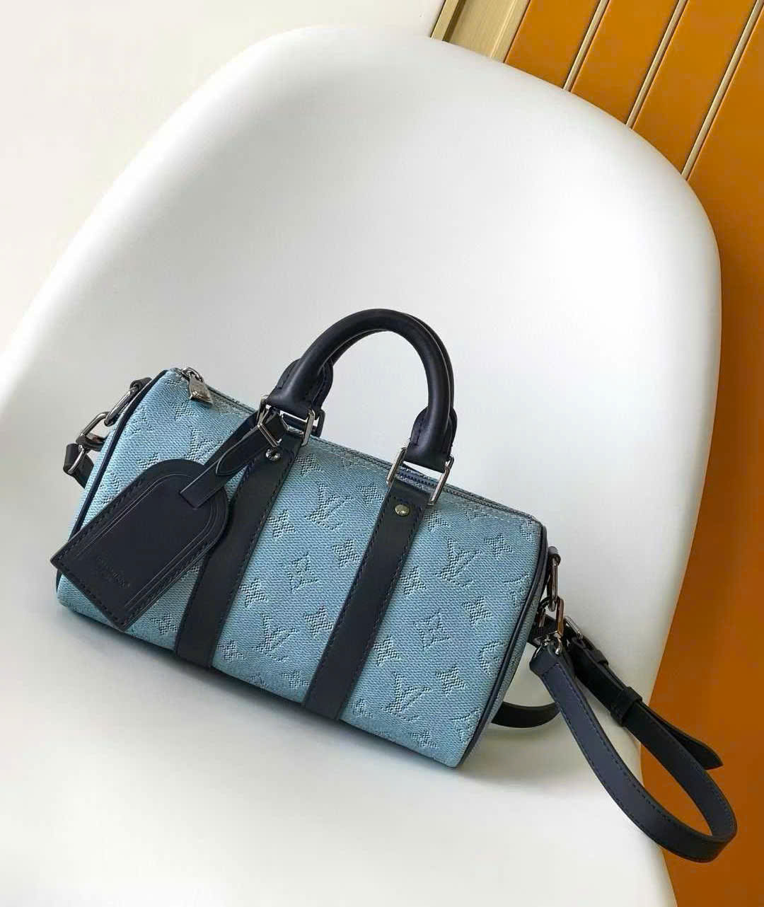 Túi trống mini đeo chéo, cầm tay Louis Vuitton LV Xanh jean họa tiết hoa vân logo viền dây Đen Like Auth on web fullbox bill thẻ PLD