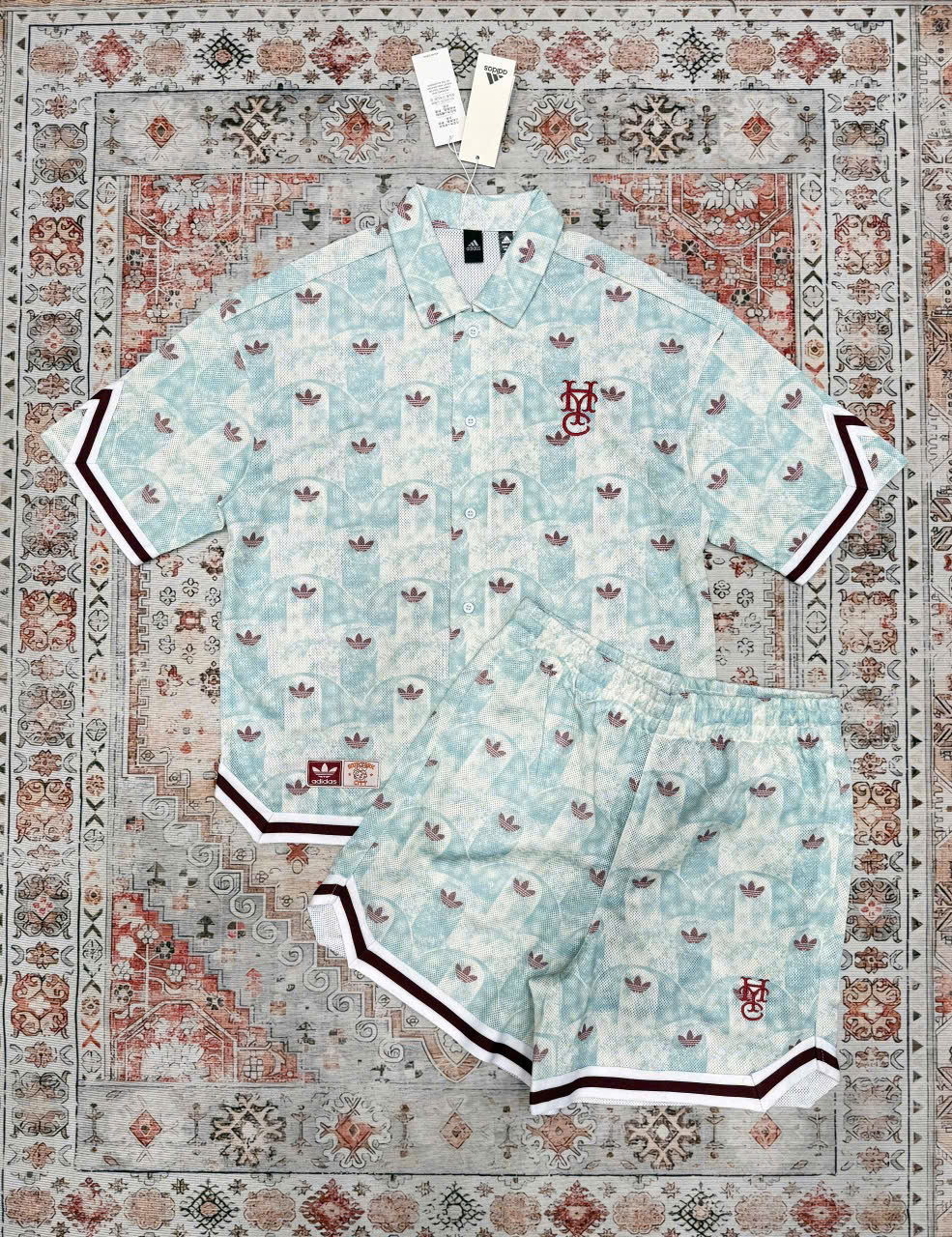 Bộ, Set hè sơ mi Adidas A Xanh Trắng họa tiết logo Đỏ Like Auth on web NV