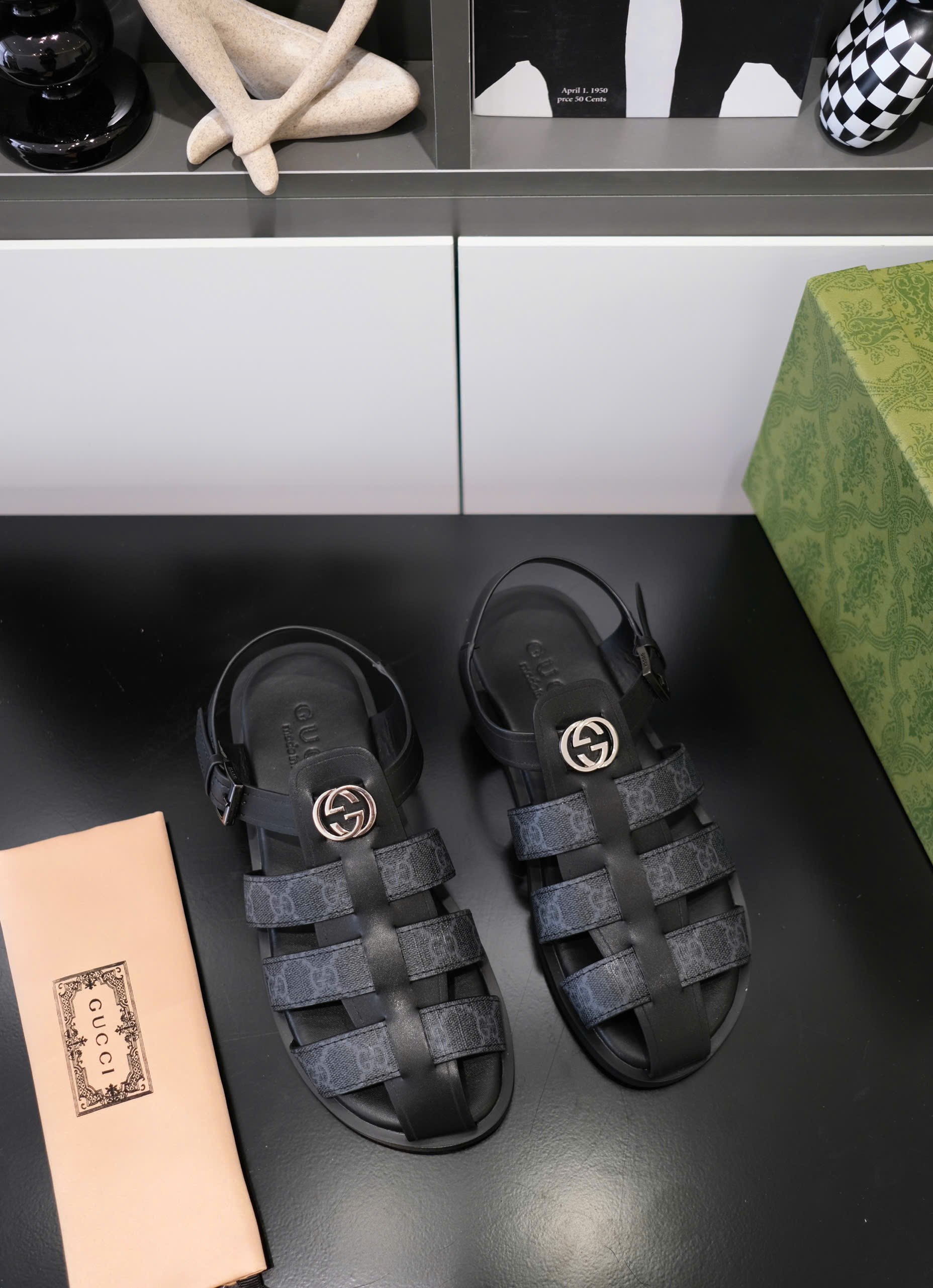 Dép rọ sandal Gucci GC Đen trơn phối họa tiết logo Like Auth on web fullbox bill thẻ DDT