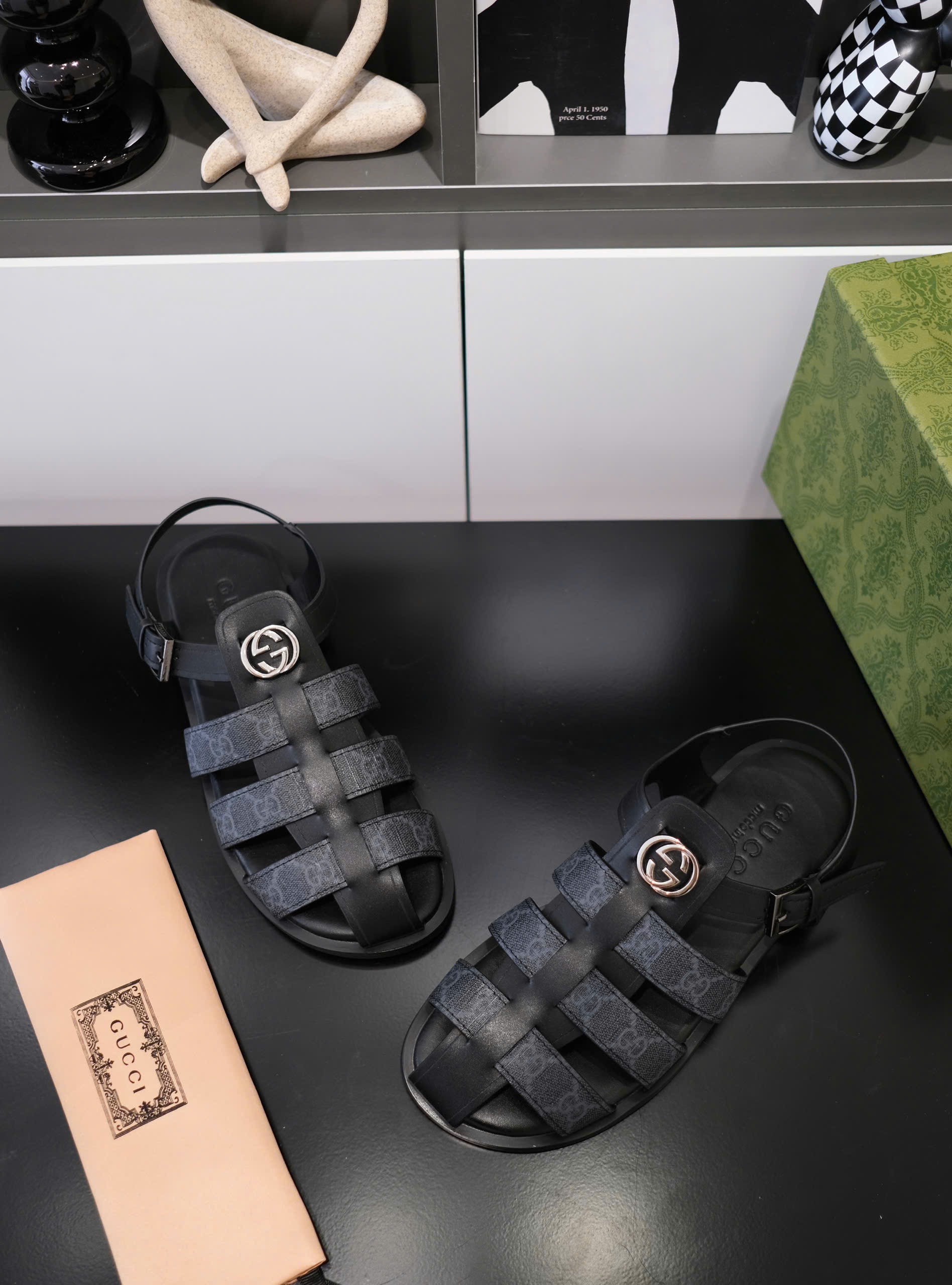 Dép rọ sandal Gucci GC Đen trơn phối họa tiết logo Like Auth on web fullbox bill thẻ DDT