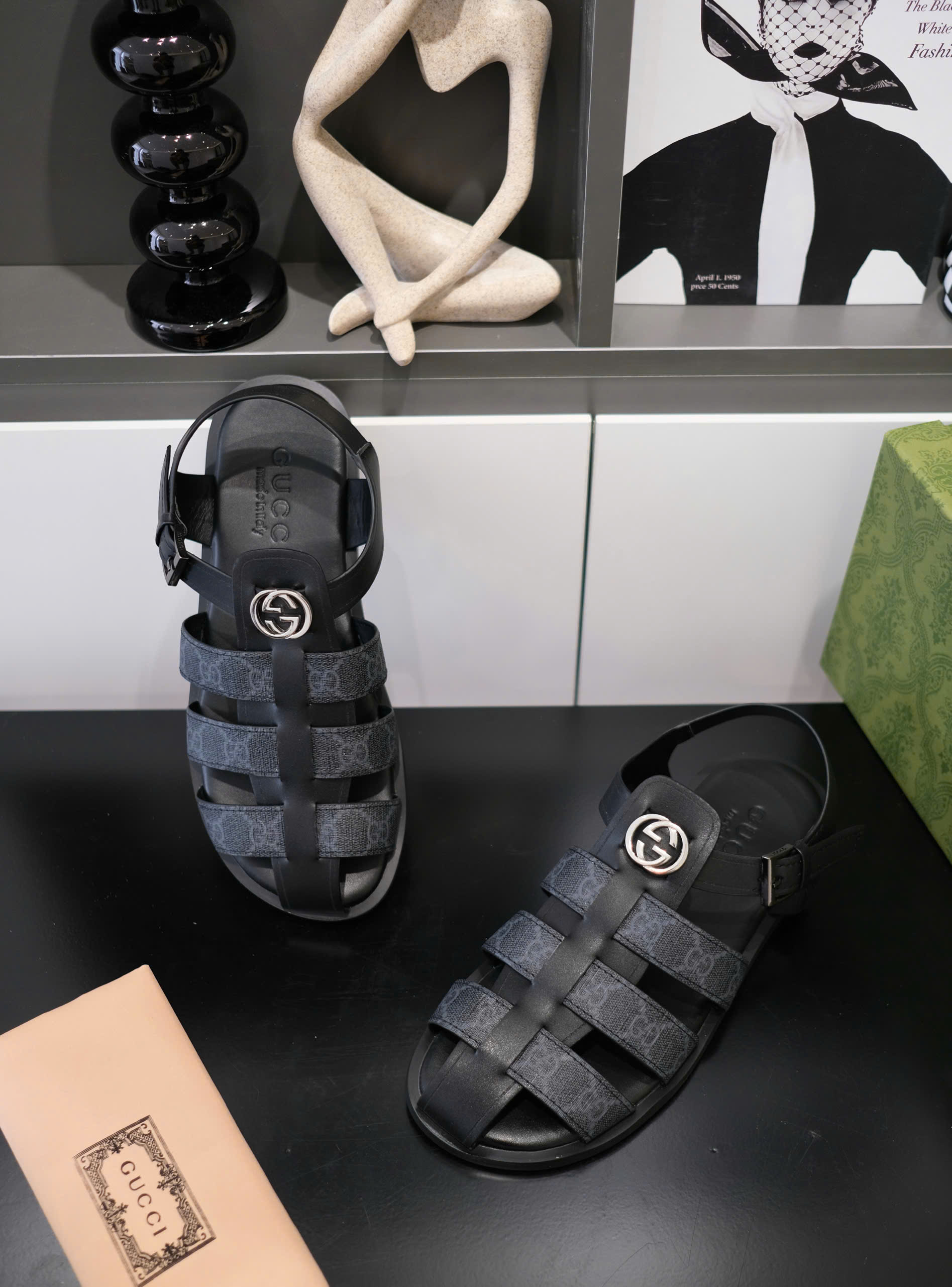 Dép rọ sandal Gucci GC Đen trơn phối họa tiết logo Like Auth on web fullbox bill thẻ DDT