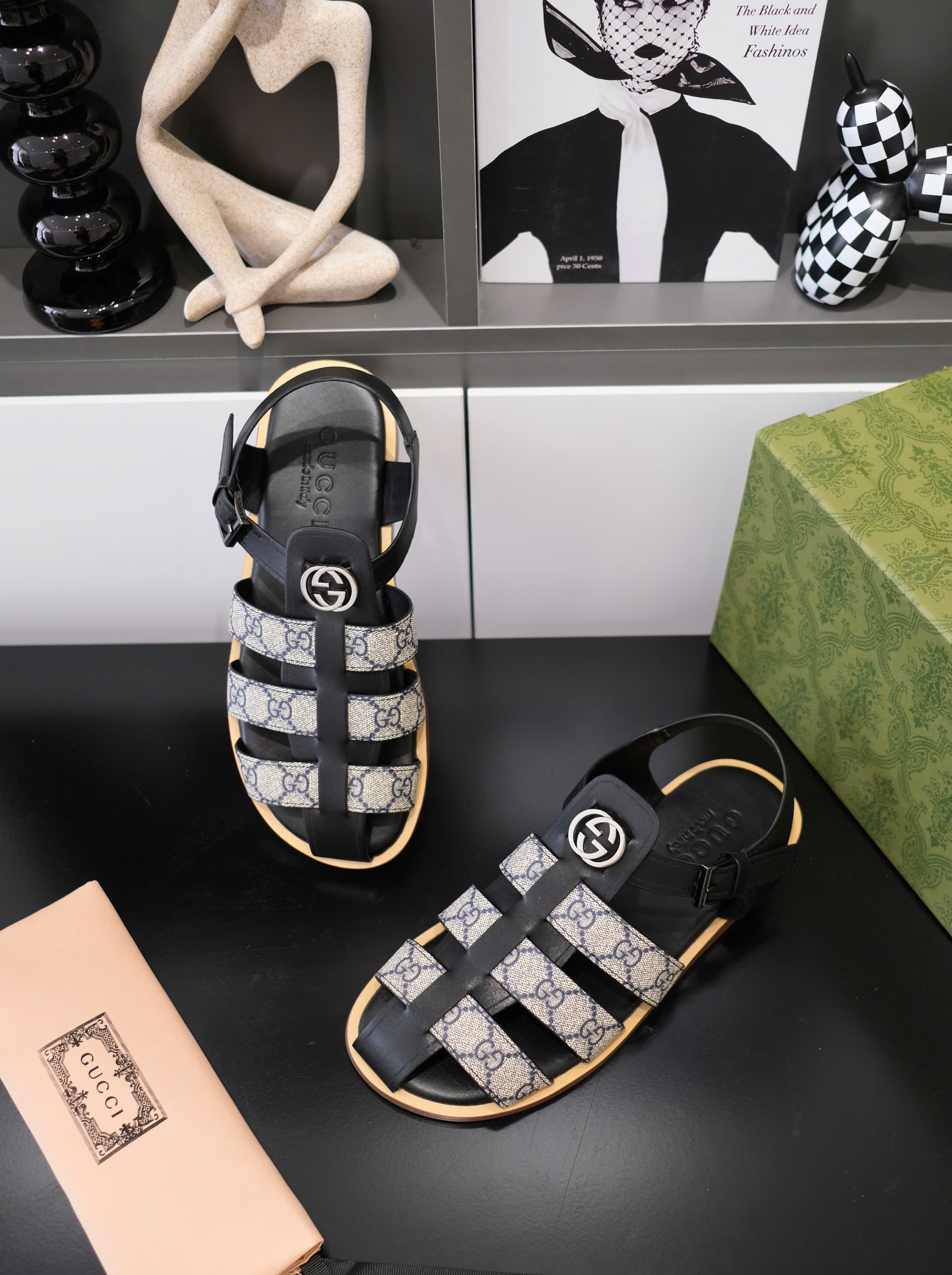 Dép rọ sandal Gucci GC Đen trơn phối họa tiết logo Nâu Like Auth on web fullbox bill thẻ DDT