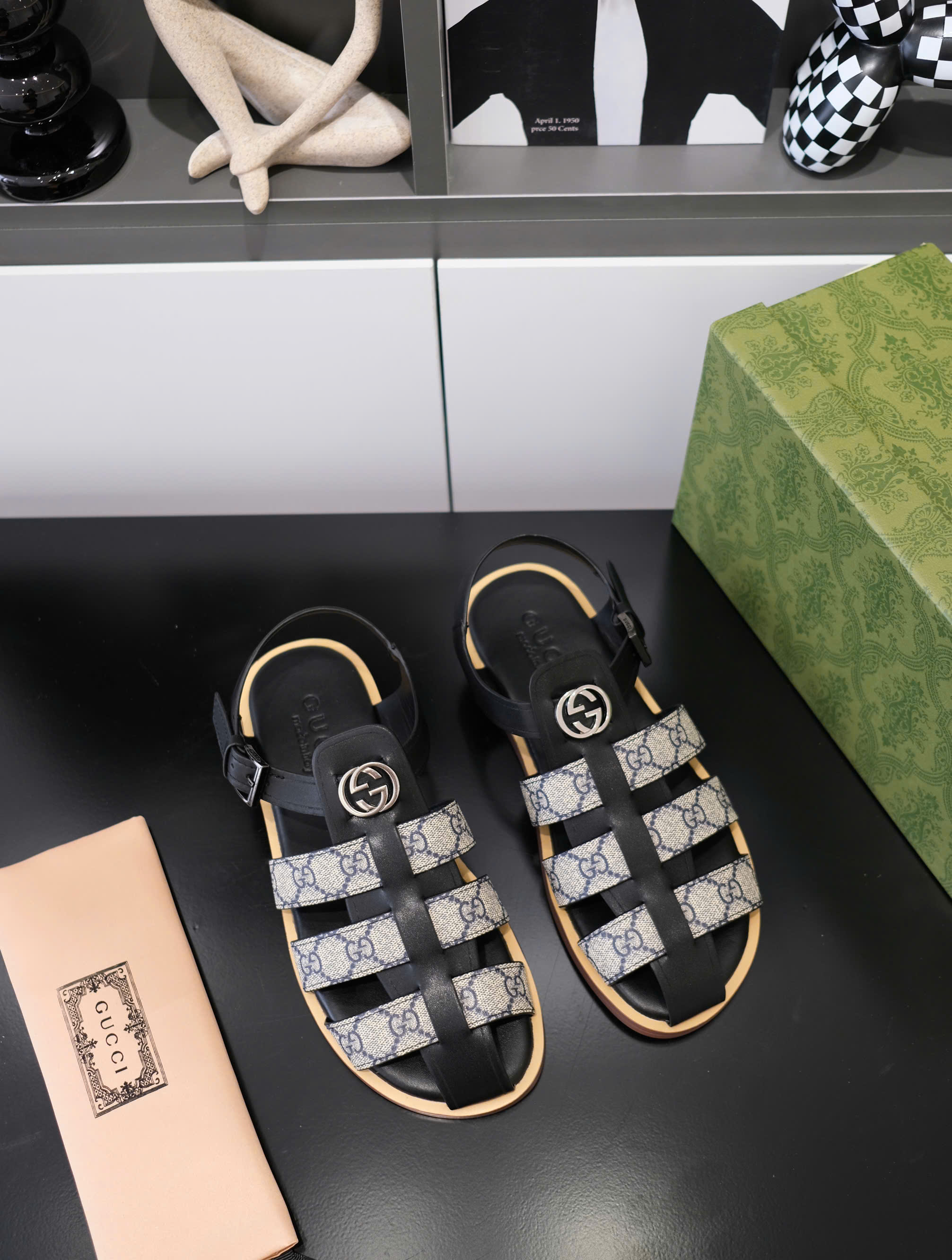 Dép rọ sandal Gucci GC Đen trơn phối họa tiết logo Nâu Like Auth on web fullbox bill thẻ DDT