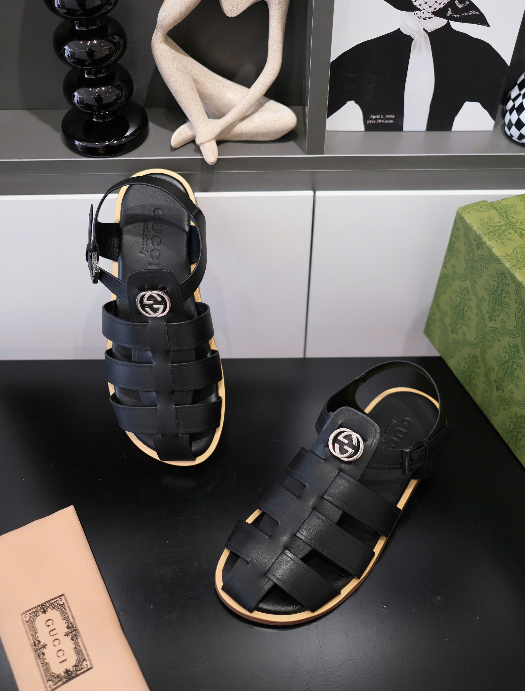Dép rọ sandal Gucci GC Đen trơn phối viền đế Nâu Like Auth on web fullbox bill thẻ DDT