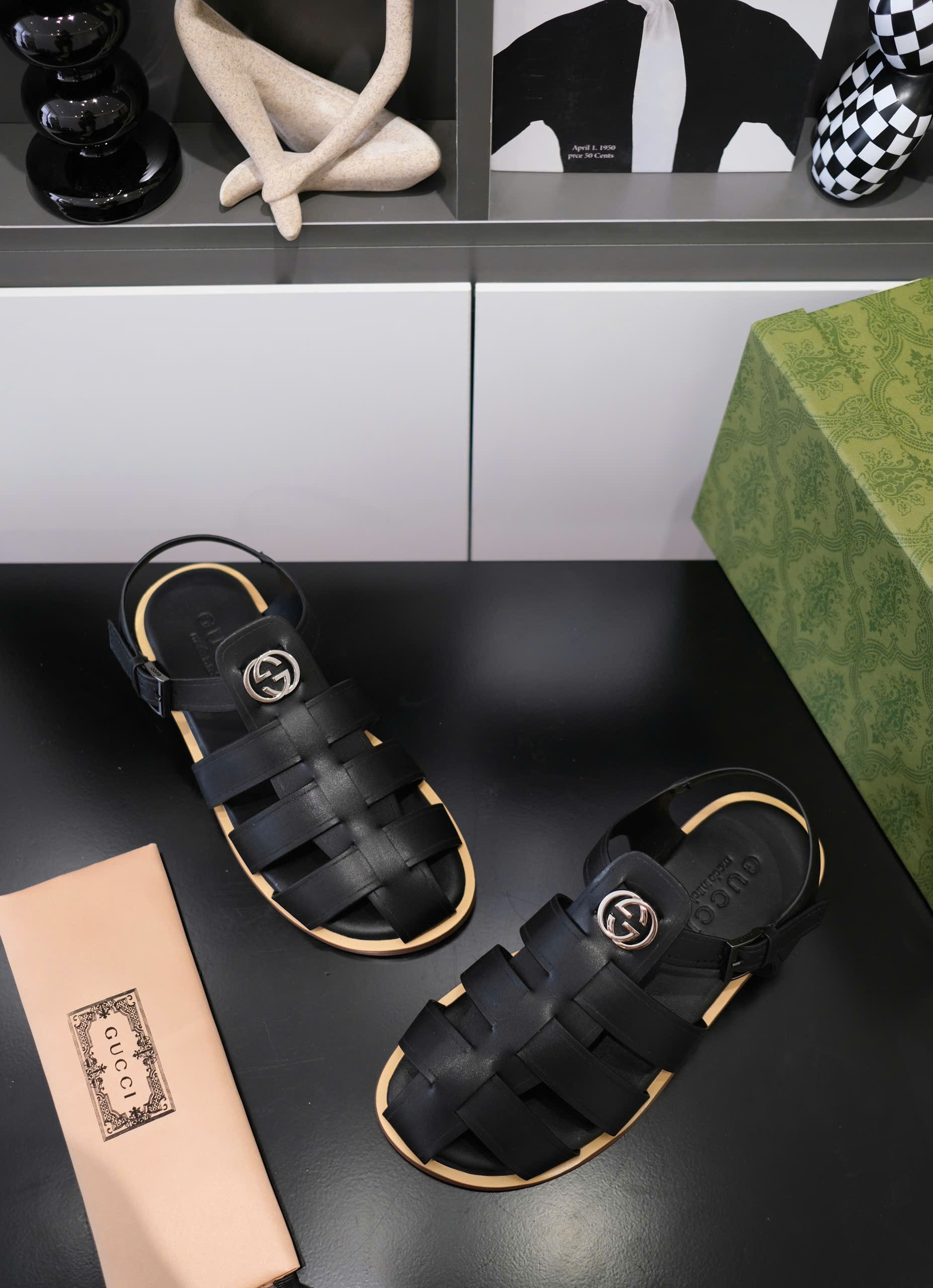 Dép rọ sandal Gucci GC Đen trơn phối viền đế Nâu Like Auth on web fullbox bill thẻ DDT