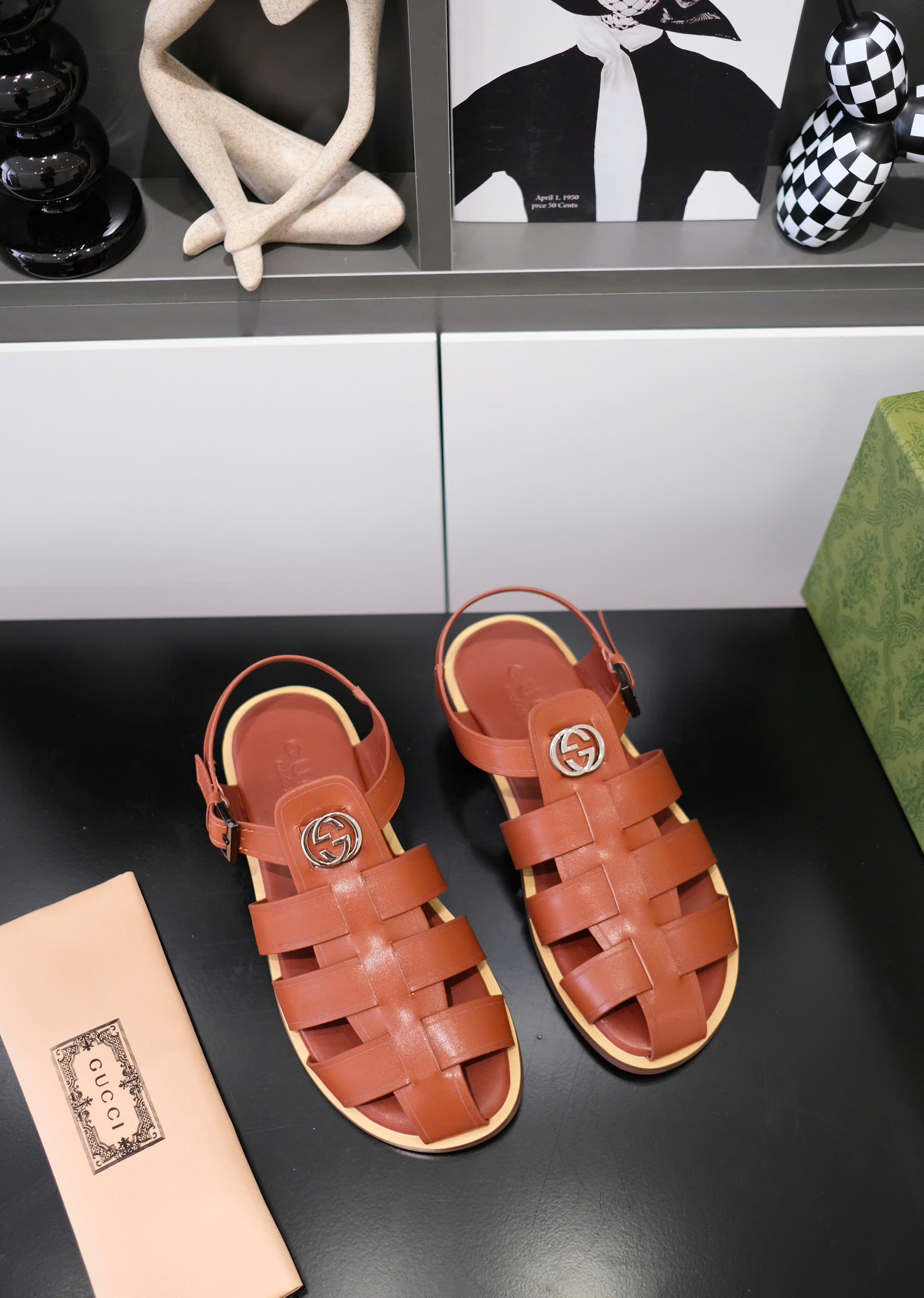 Dép rọ sandal Gucci GC Nâu trơn phối viền đế Nâu nhạt Like Auth on web fullbox bill thẻ DDT