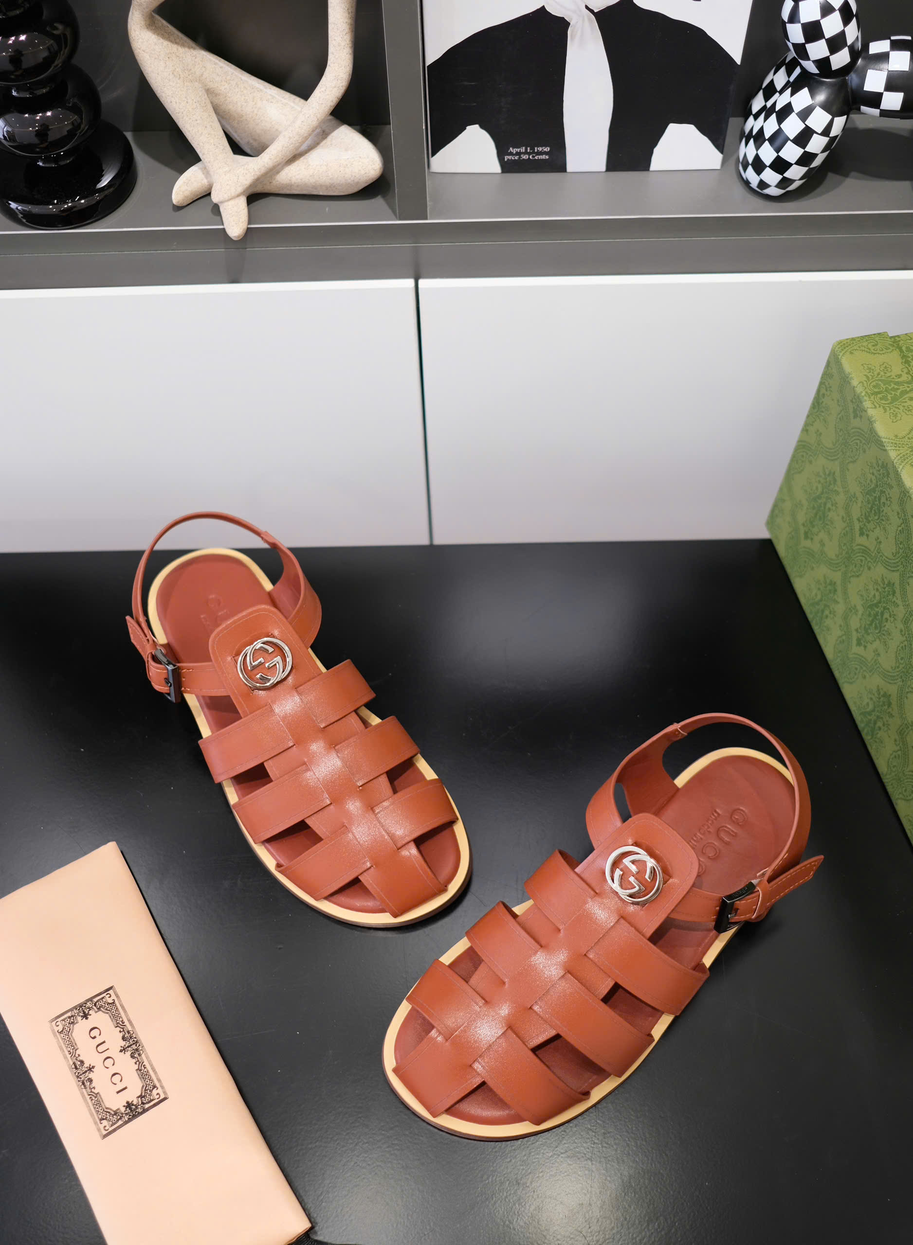 Dép rọ sandal Gucci GC Nâu trơn phối viền đế Nâu nhạt Like Auth on web fullbox bill thẻ DDT