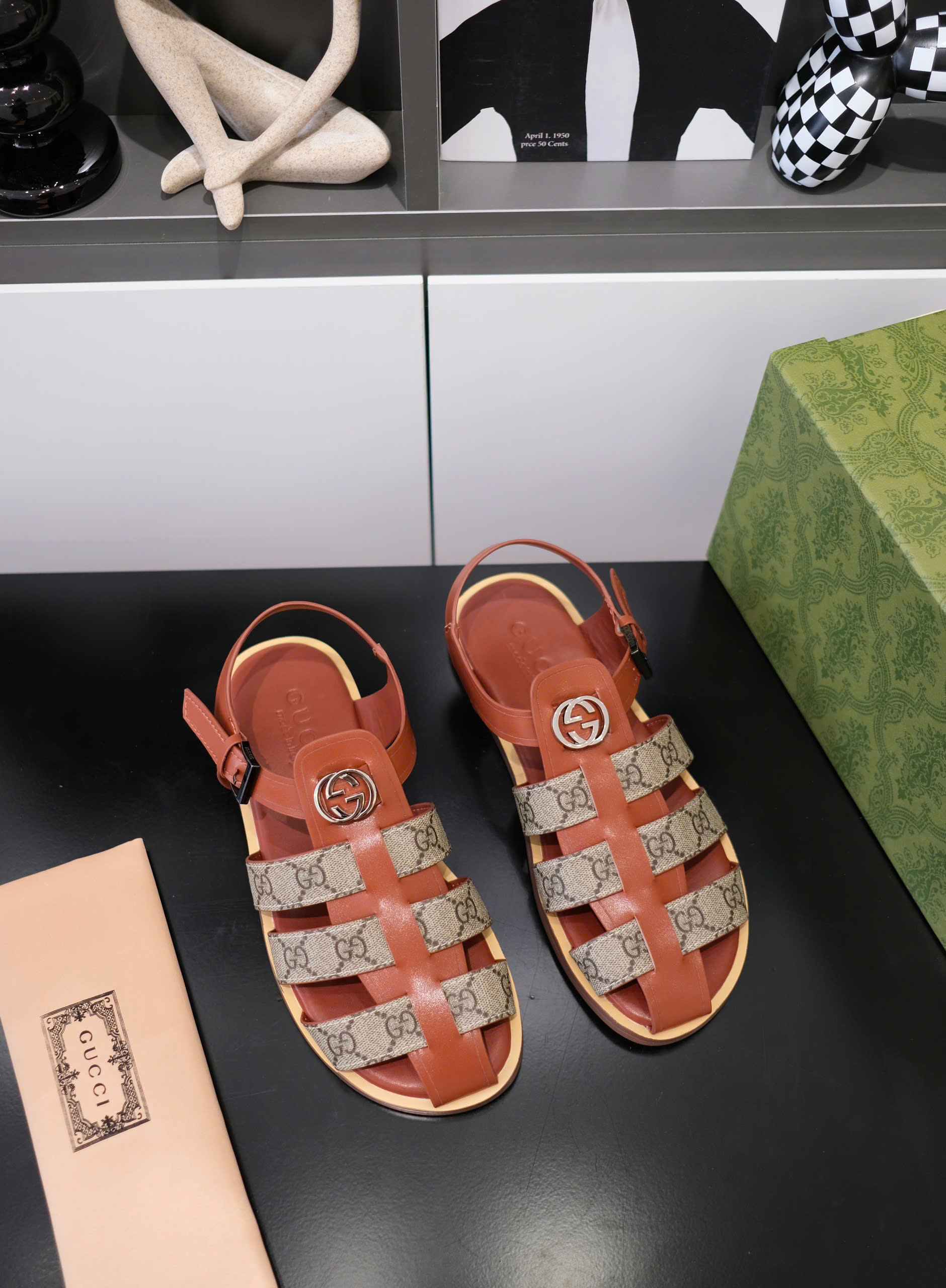Dép rọ sandal Gucci GC Nâu trơn phối họa tiết logo Like Auth on web fullbox bill thẻ DDT