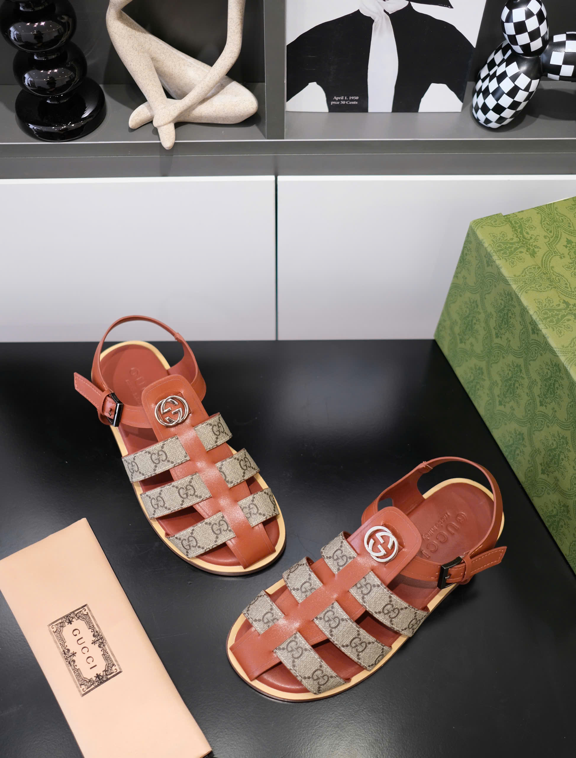 Dép rọ sandal Gucci GC Nâu trơn phối họa tiết logo Like Auth on web fullbox bill thẻ DDT