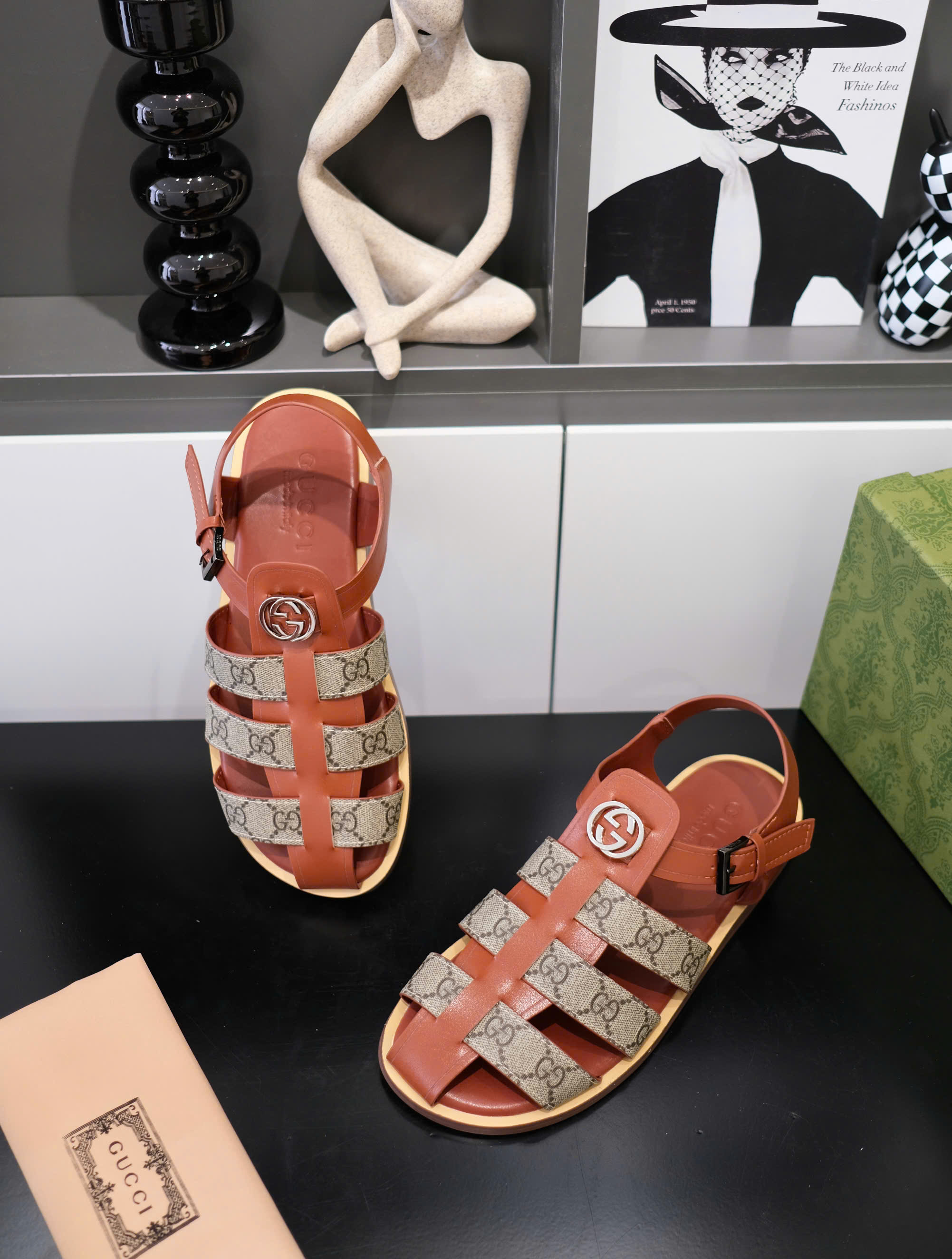 Dép rọ sandal Gucci GC Nâu trơn phối họa tiết logo Like Auth on web fullbox bill thẻ DDT