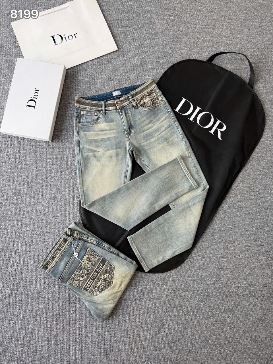 Quần Jean Dior CD Xanh bạc họa tiết kẻ sọc cạp túi Like Auth on web LK