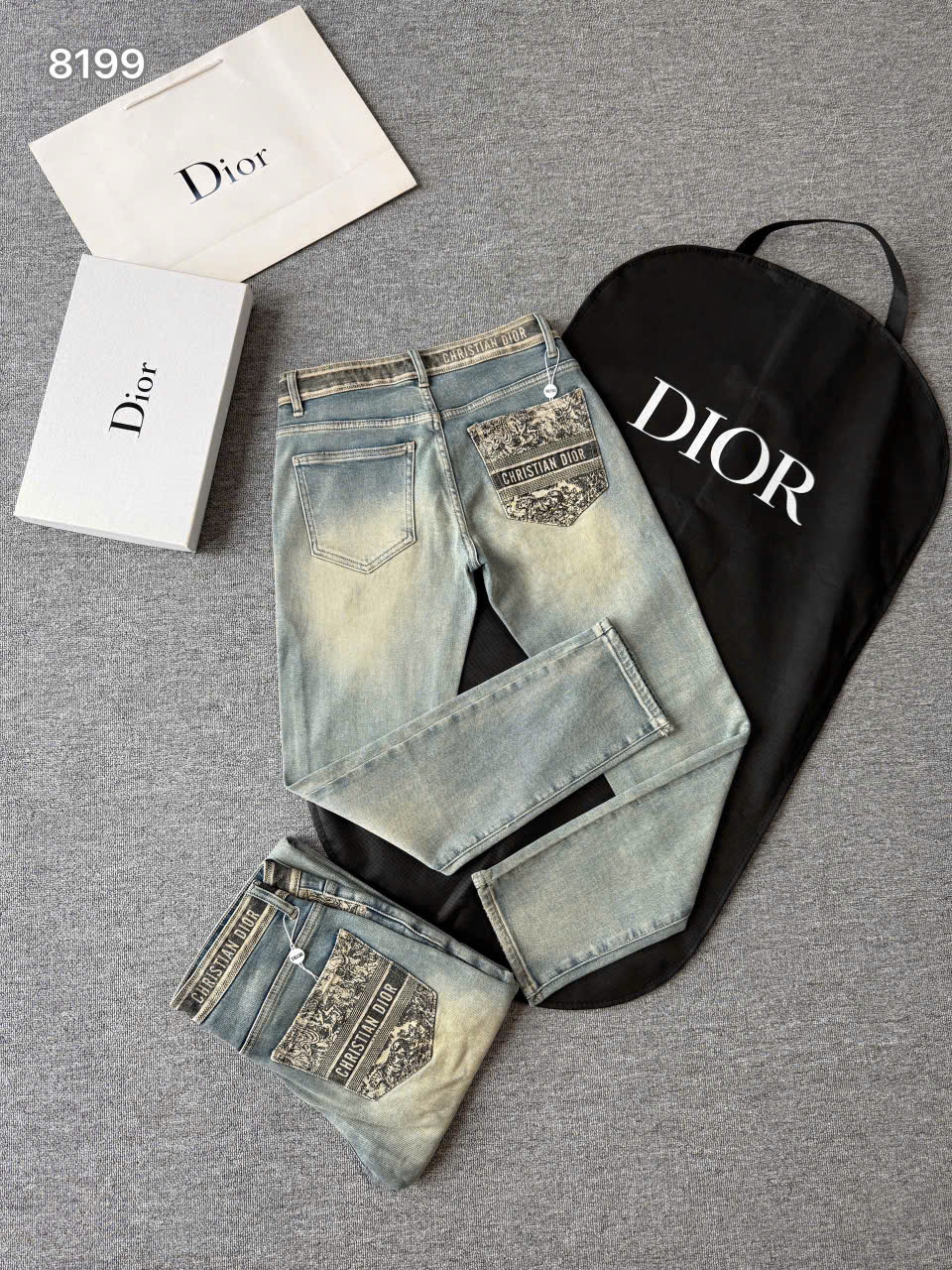 Quần Jean Dior CD Xanh bạc họa tiết kẻ sọc cạp túi Like Auth on web LK