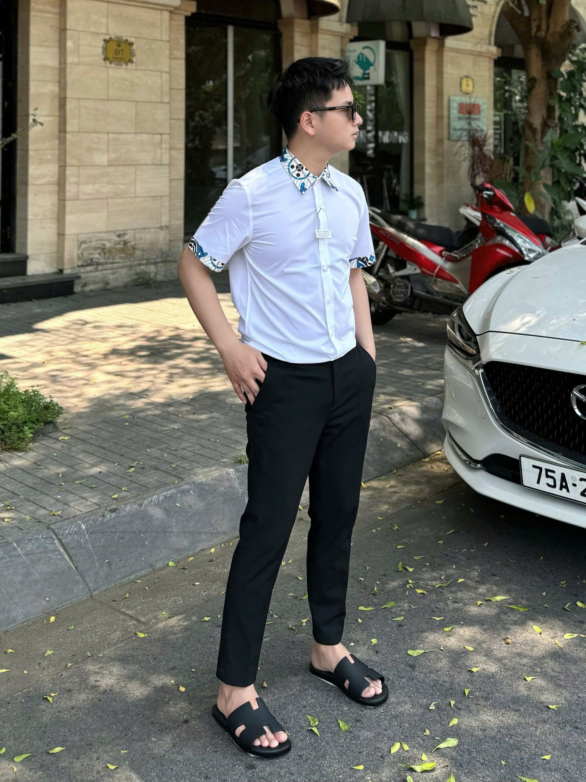 Áo sơ mi cộc tay Dolce Gabbana DG Trắng họa tiết cổ viền tay Like Auth on web MK